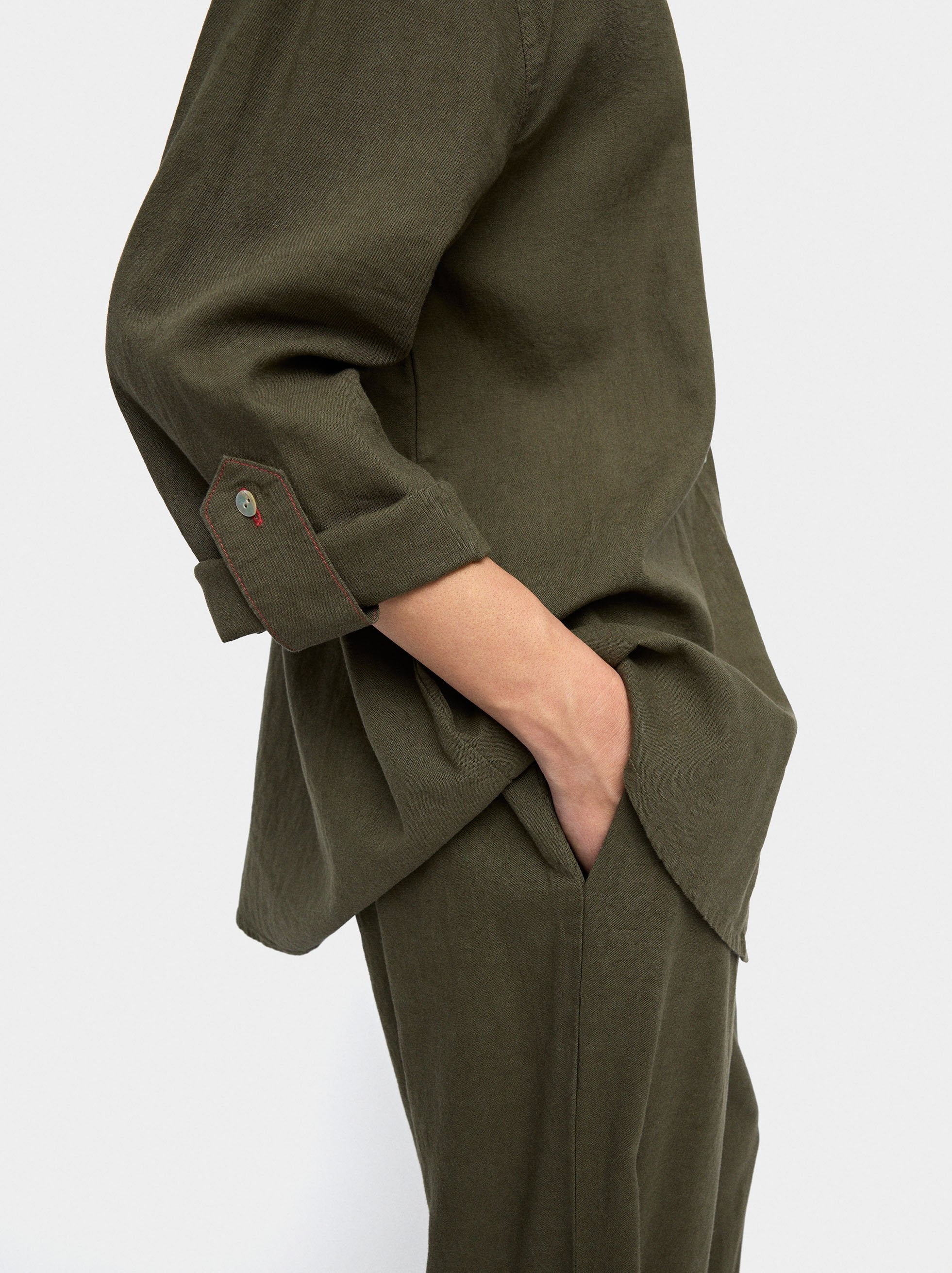 Camisa Mezcla De Lino Con Bolsillo