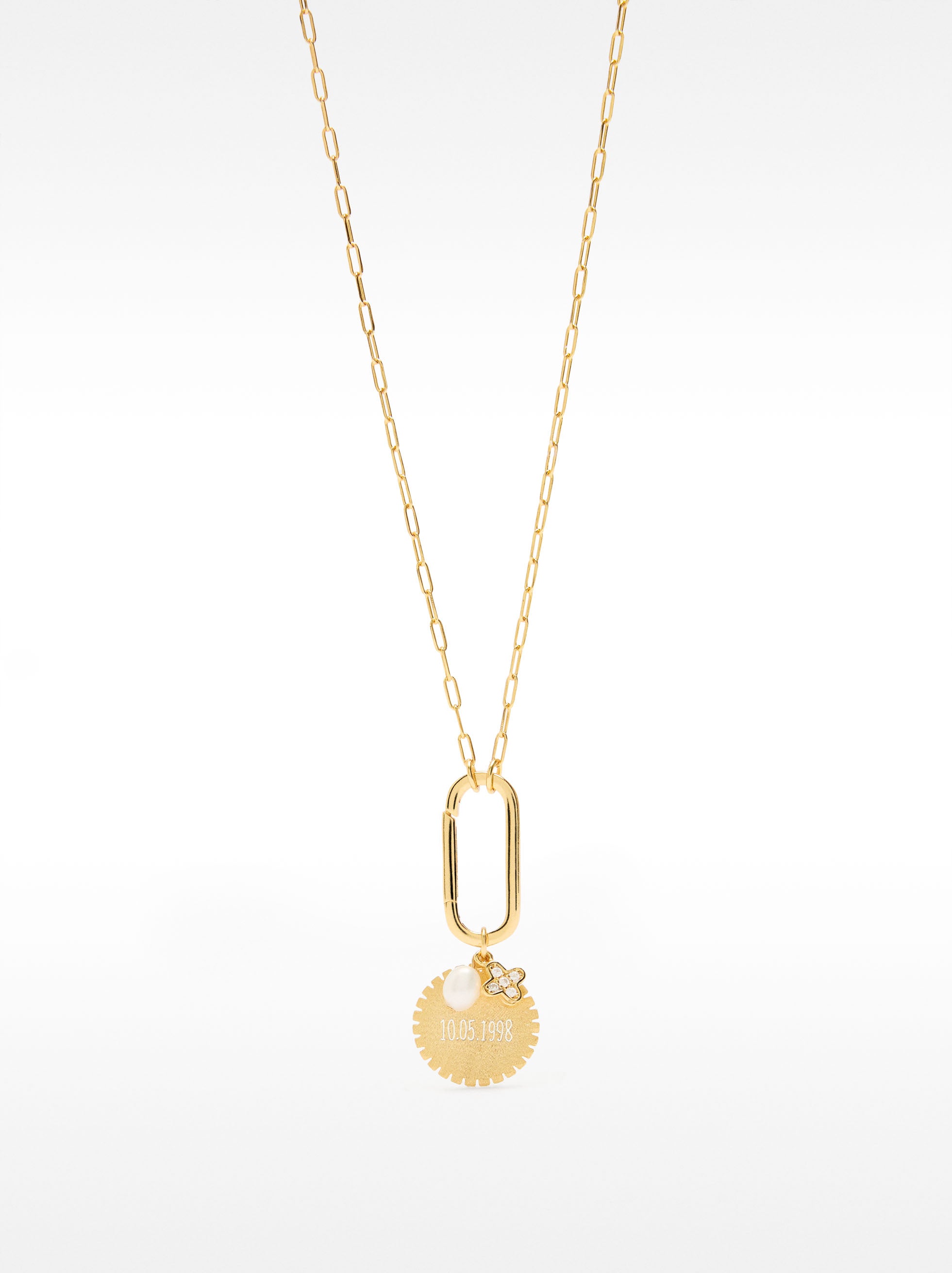 Collar De Eslabones Con Medalla Y Perla De Agua Dulce - Plata De Ley 925