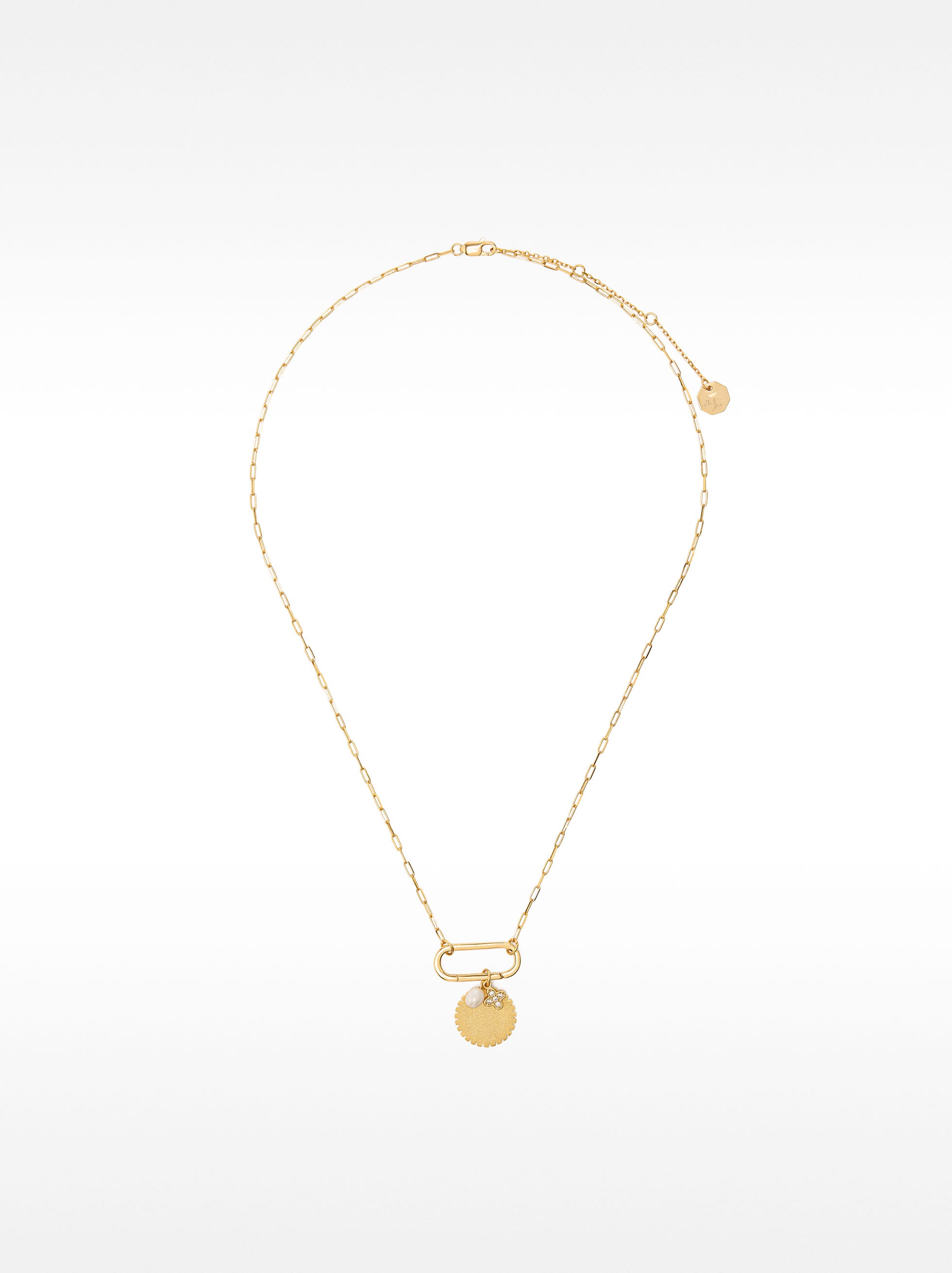 Collar De Eslabones Con Medalla Y Perla De Agua Dulce - Plata De Ley 925