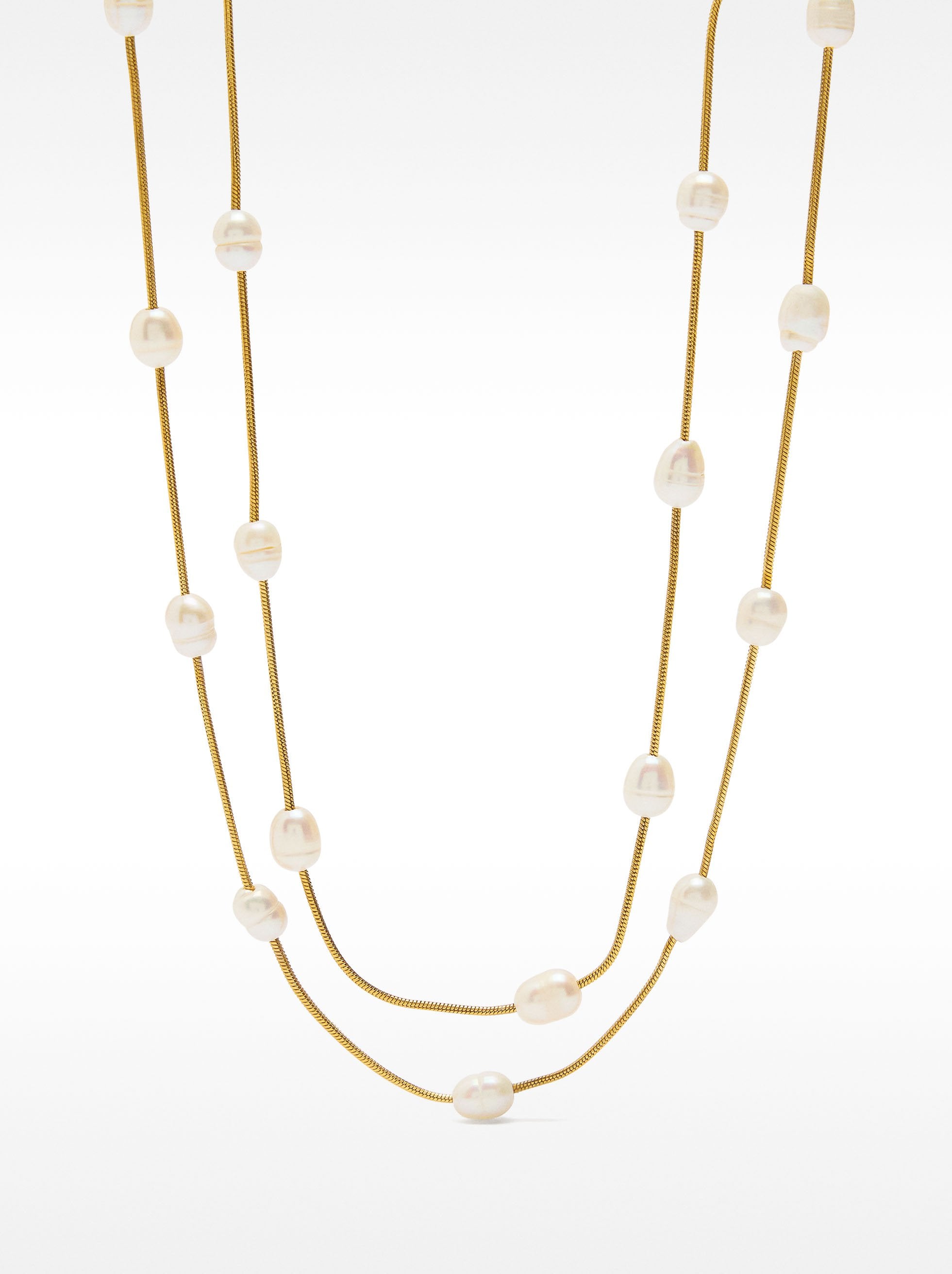 Collar Doble Con Perlas De Agua Dulce - Acero Inoxidable