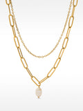 Collar Doble De Eslabones Con Perla De Agua Dulce - Acero Inoxidable