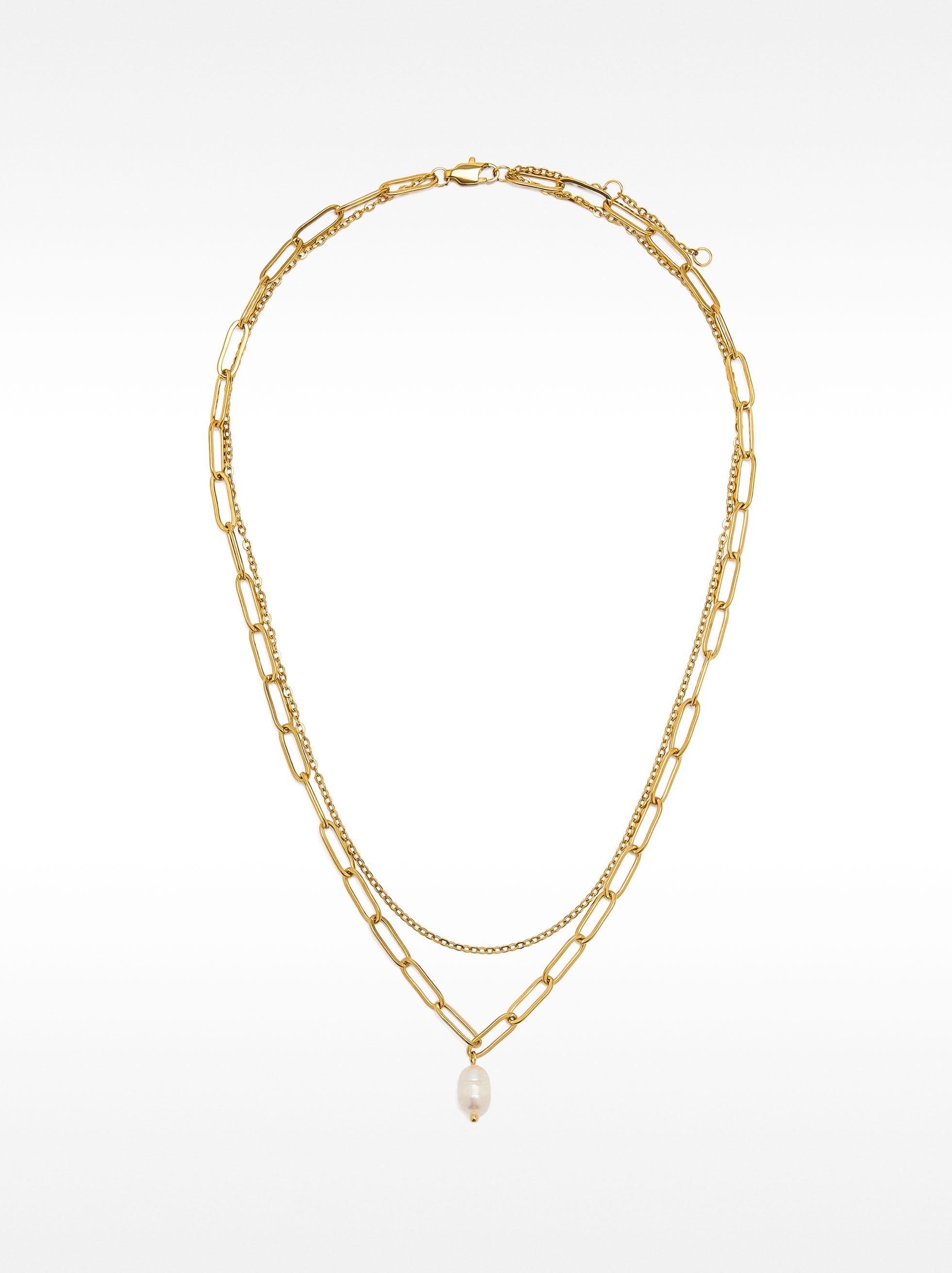 Collar Doble De Eslabones Con Perla De Agua Dulce - Acero Inoxidable