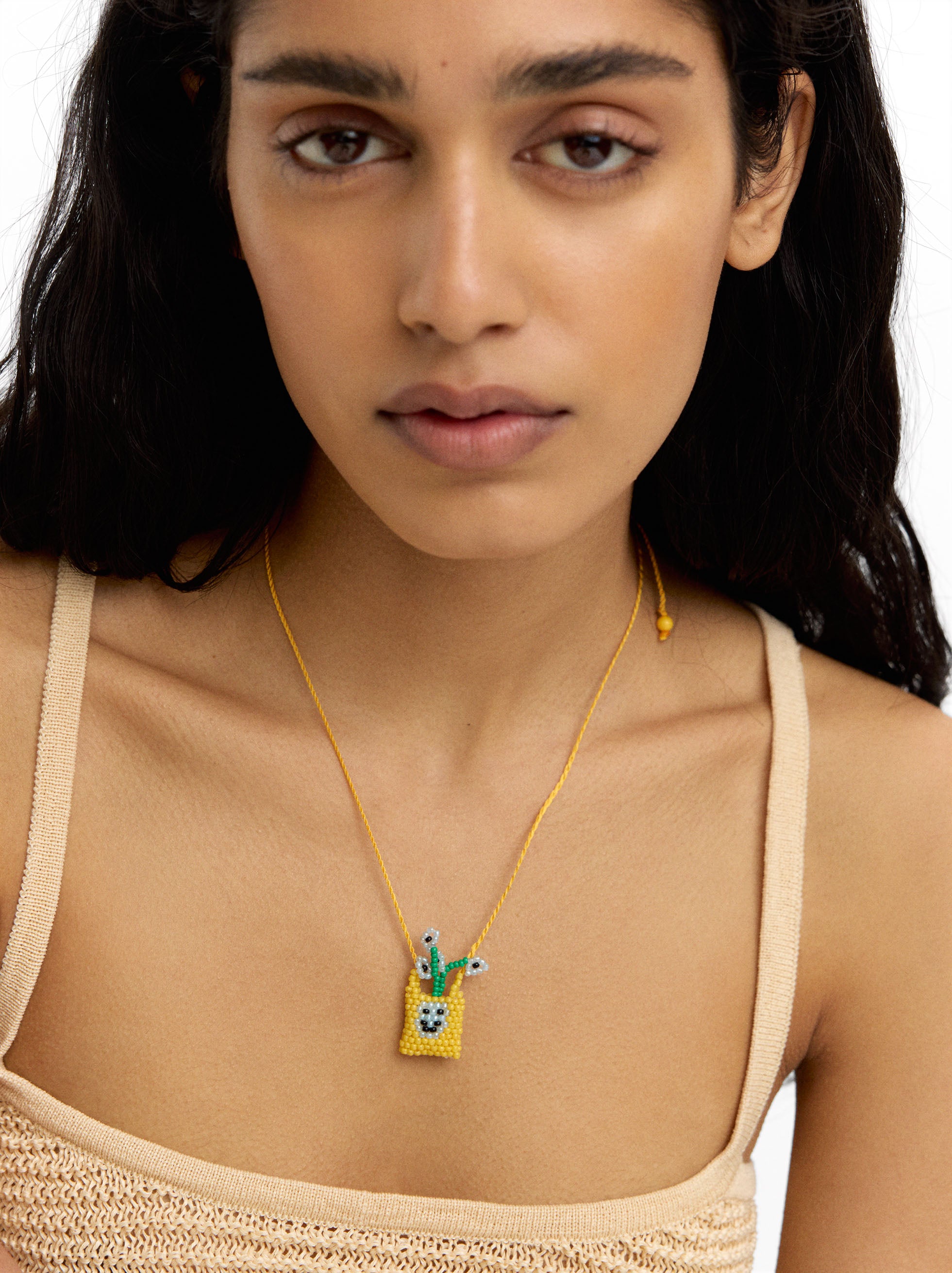 Collar Largo Jarrón De Flores De Abalorios