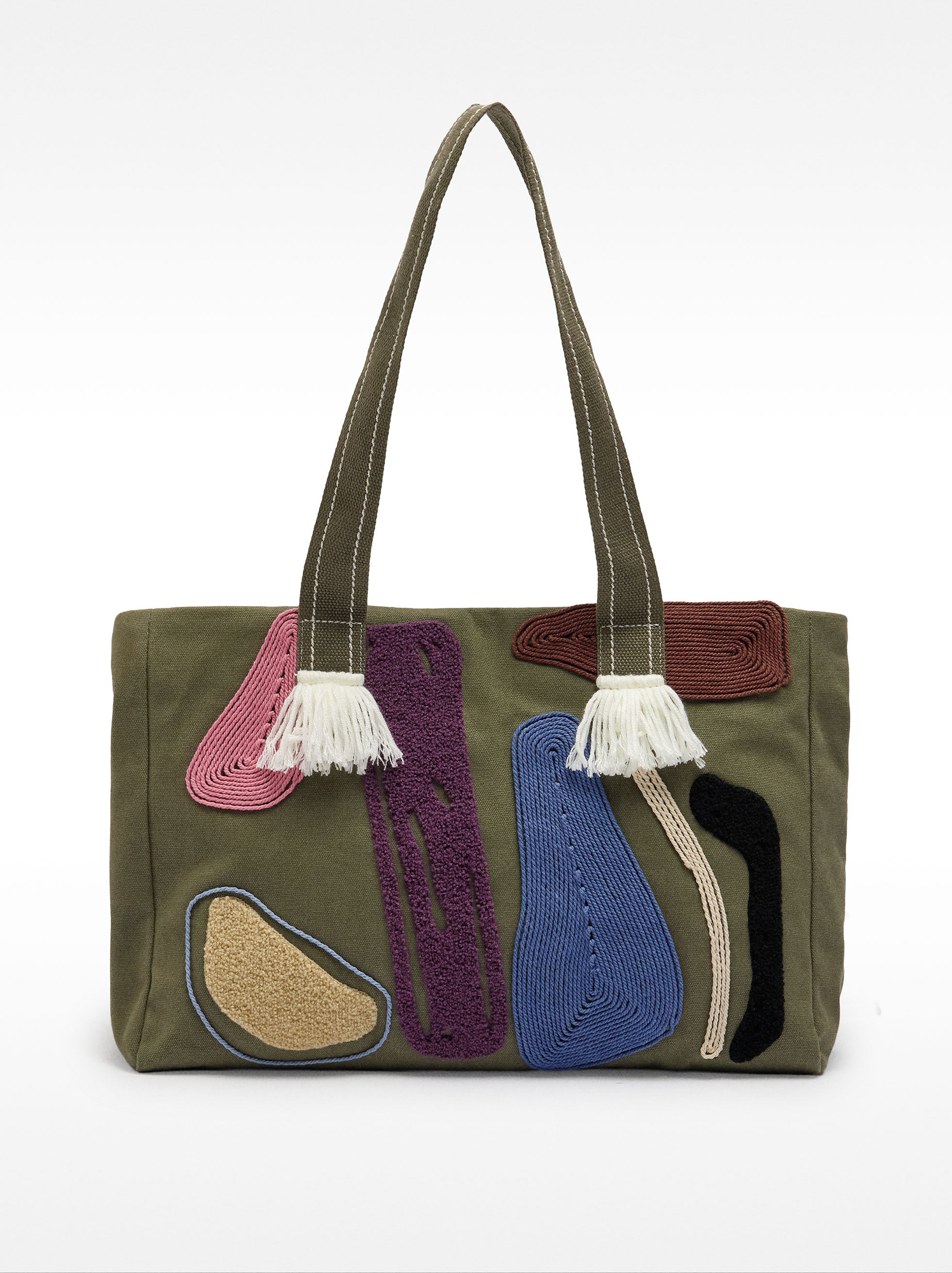 Bolso Shopper De Tejido Aplicaciones Multicolor