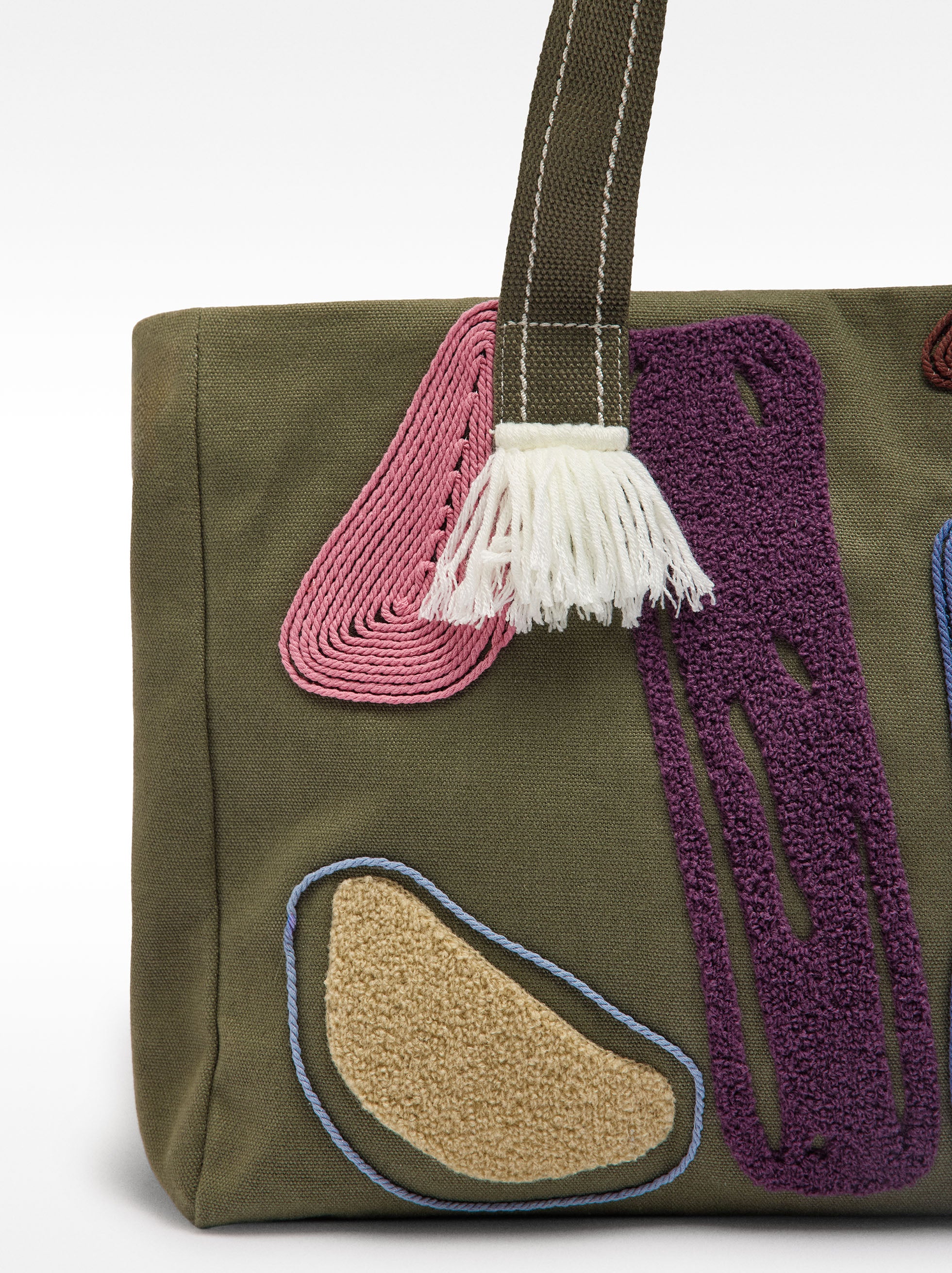 Bolso Shopper De Tejido Aplicaciones Multicolor