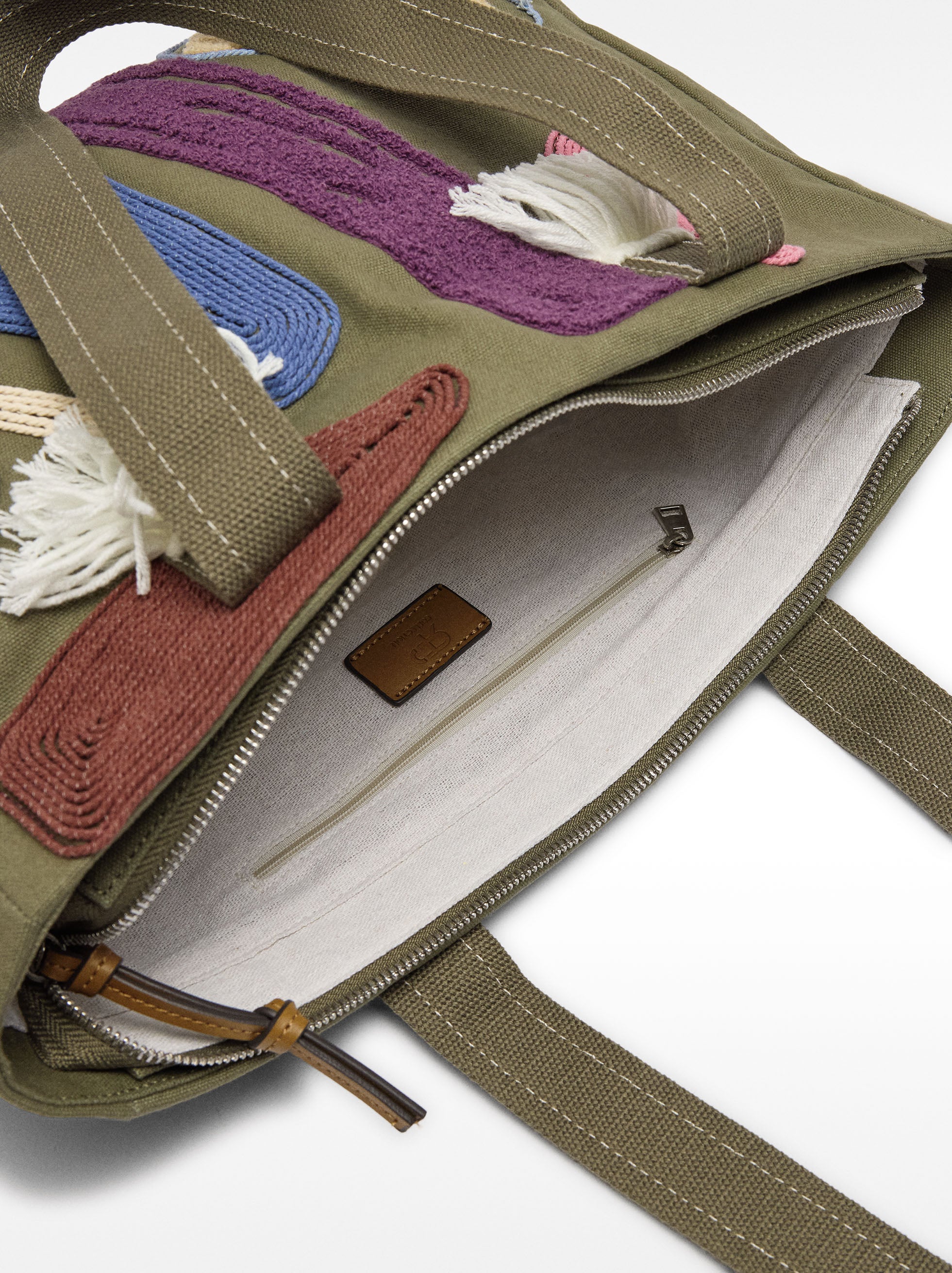 Bolso Shopper De Tejido Aplicaciones Multicolor