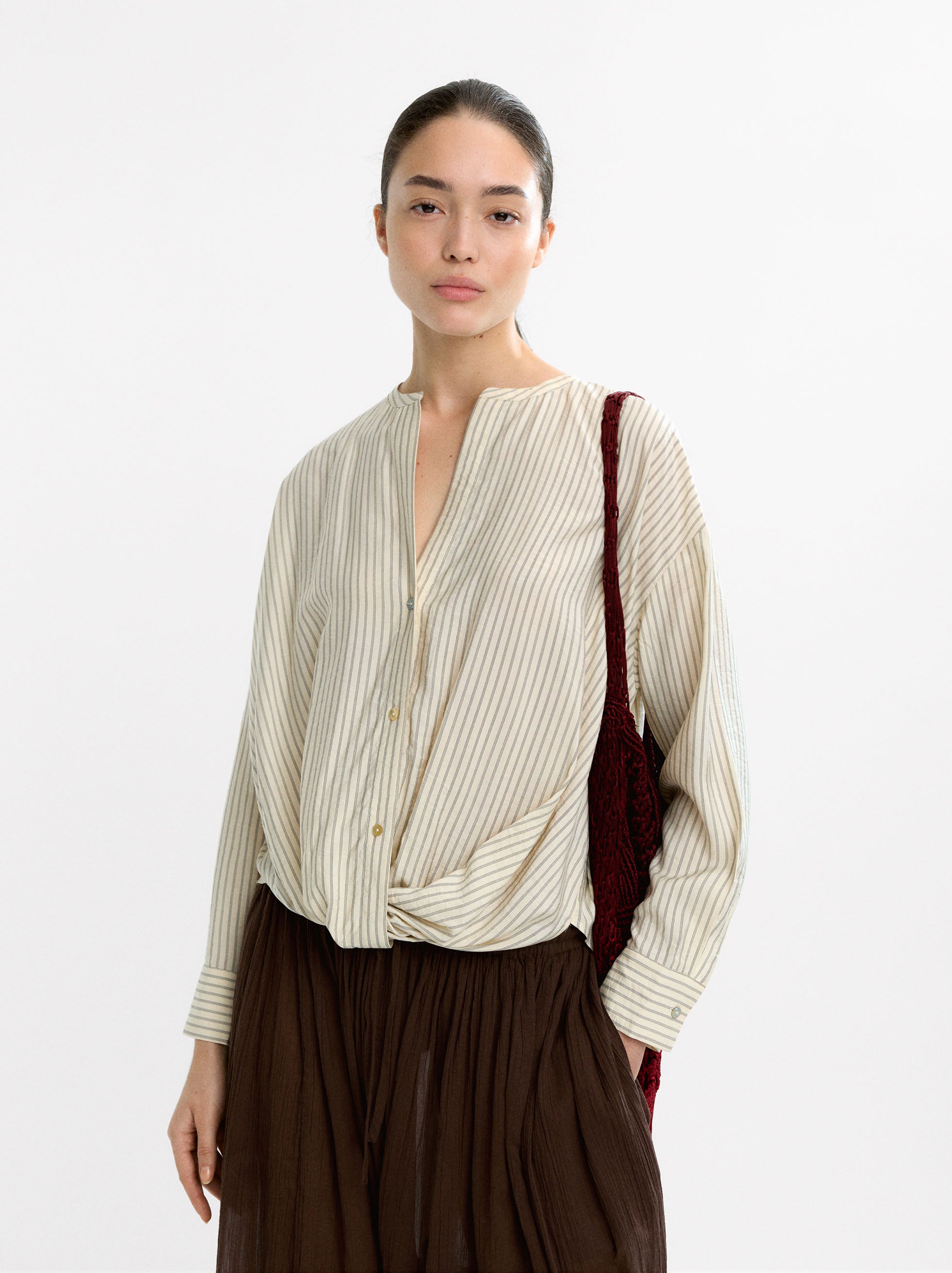 Camisa A Rayas Con Cuello Mao