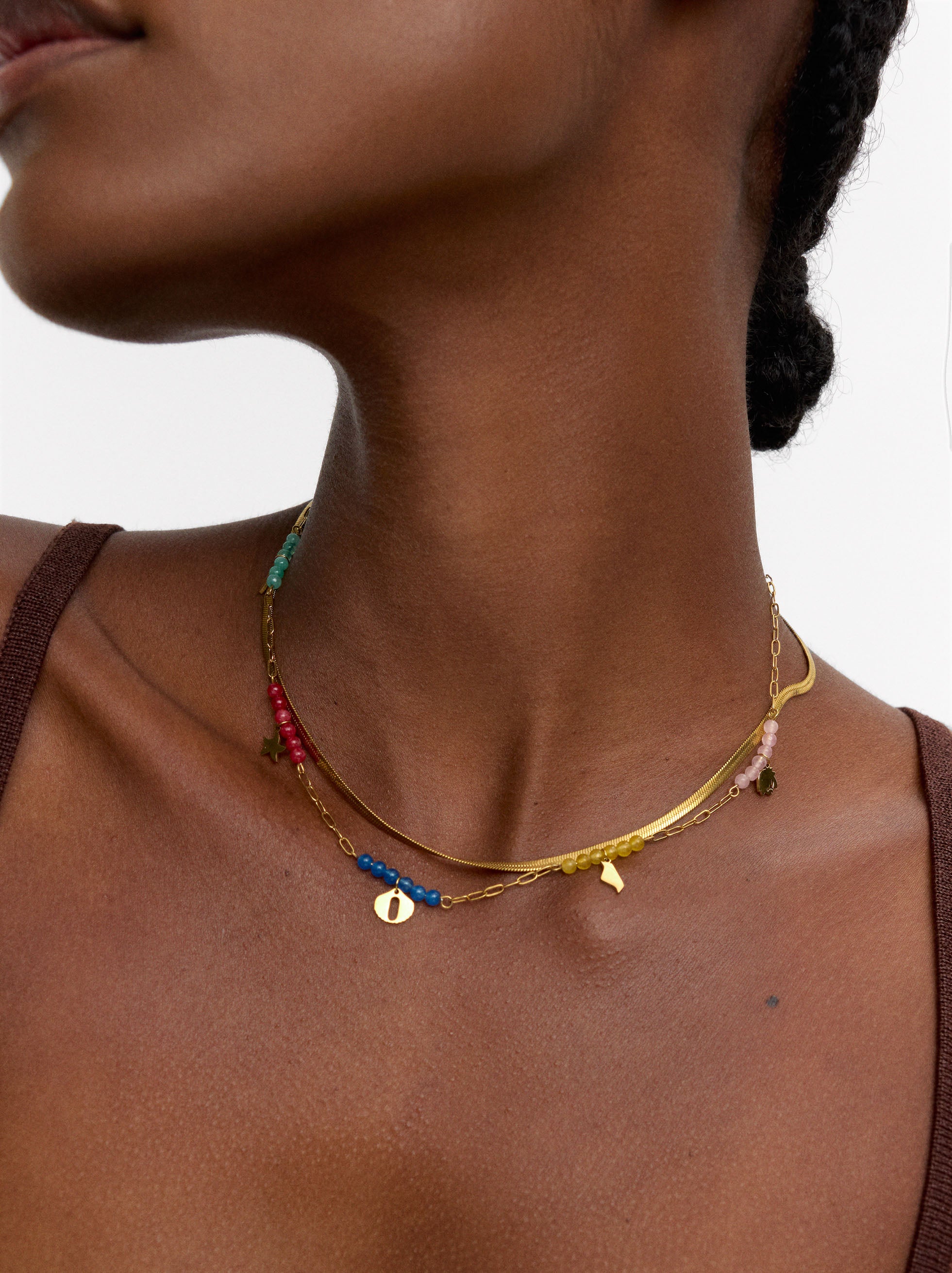 Set De Collares Con Piedras Y Charms - Acero Inoxidable