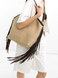 Bolso Shopper De Rafia Con Flecos De Piel