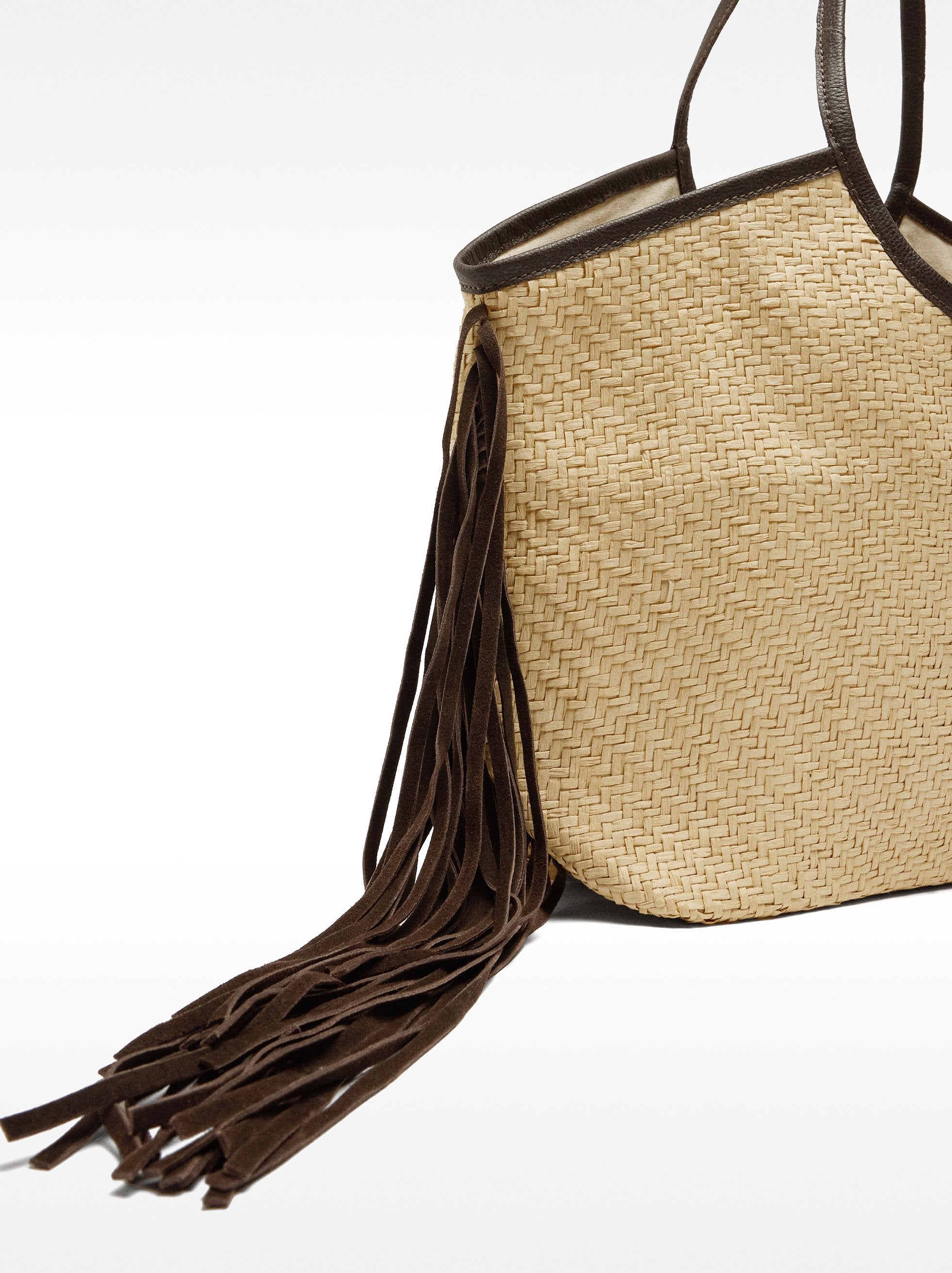 Bolso Shopper De Rafia Con Flecos De Piel