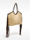 Bolso Shopper De Rafia Con Flecos De Piel