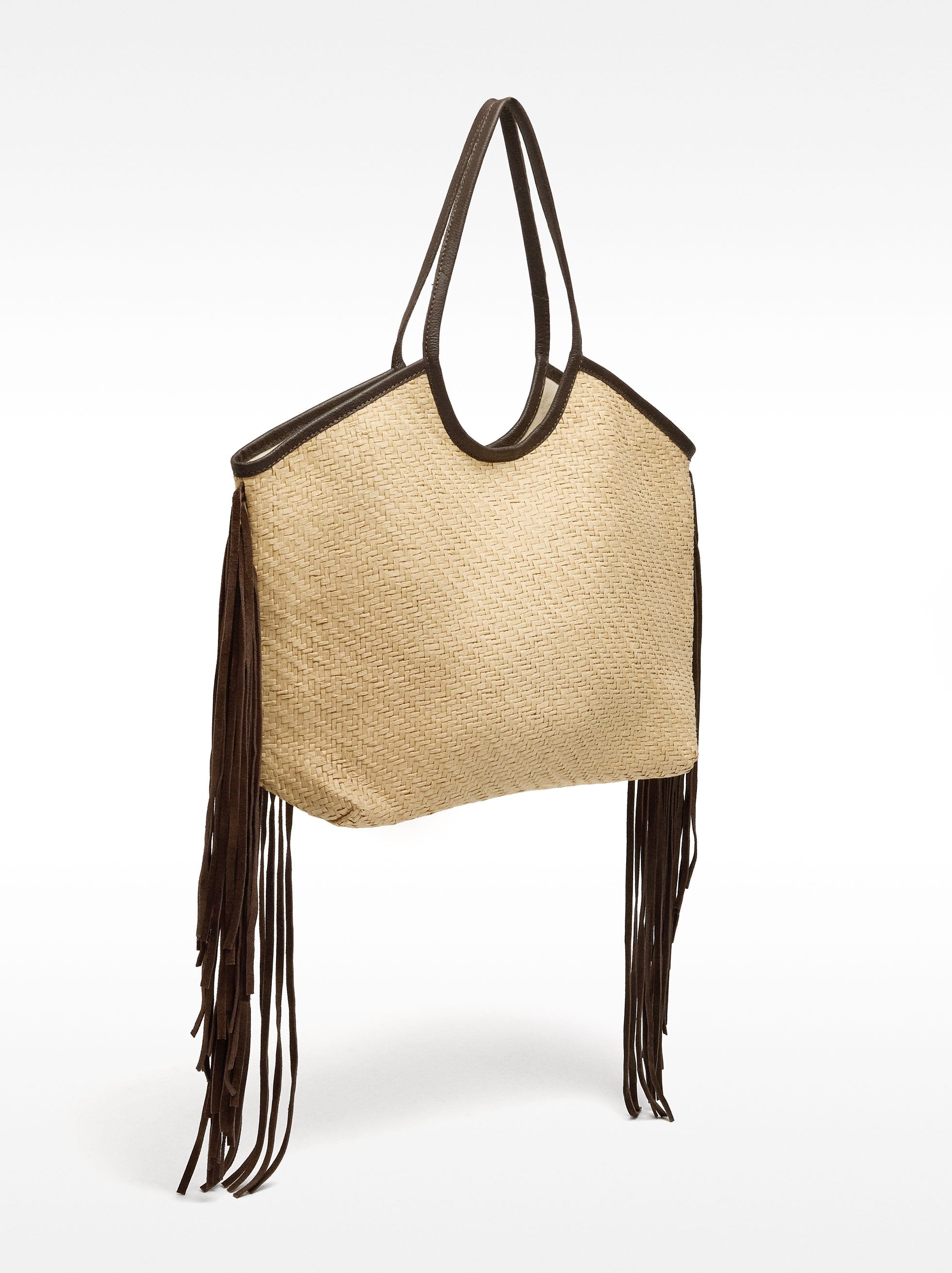 Bolso Shopper De Rafia Con Flecos De Piel