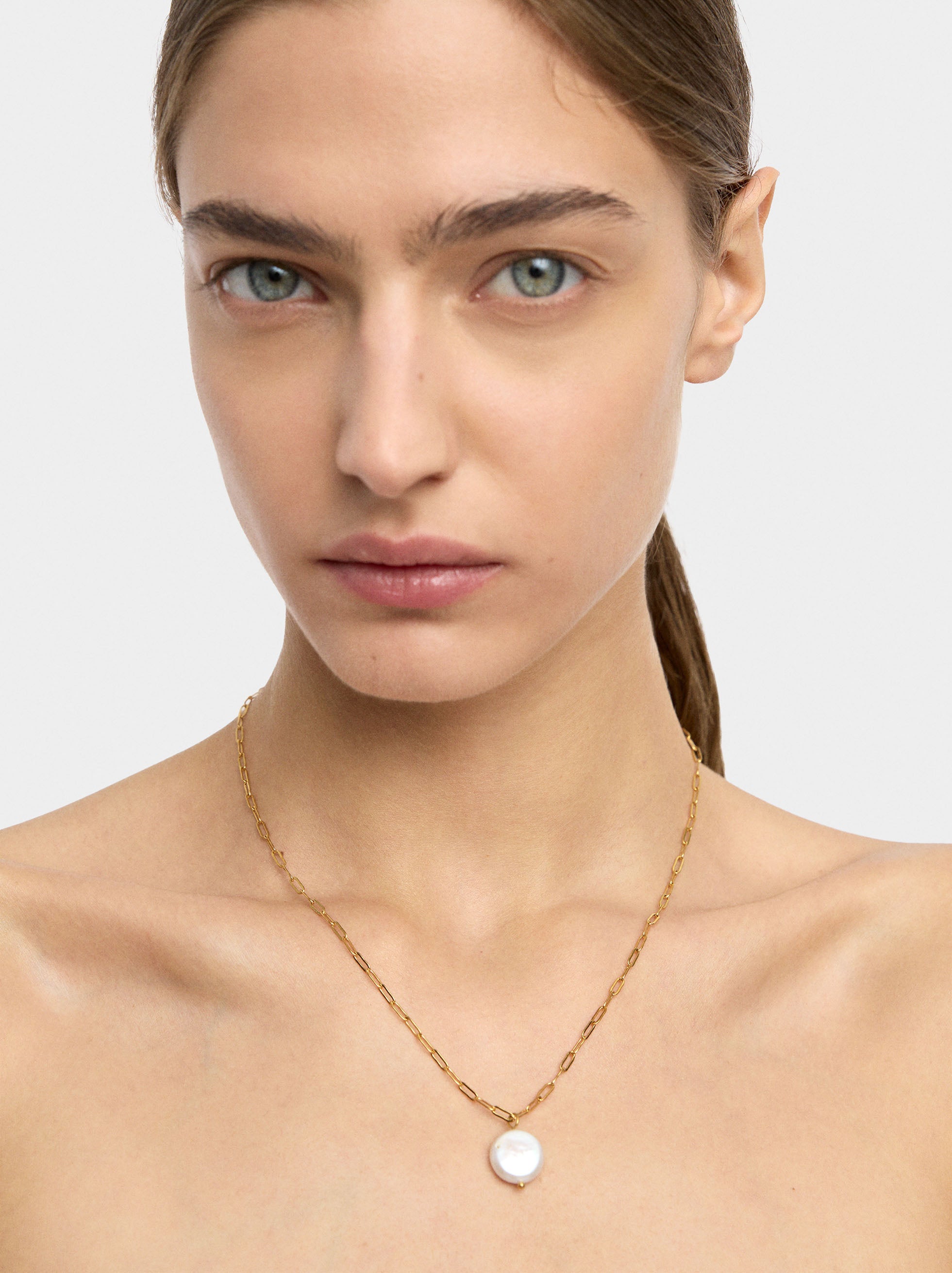 Collar De Eslabones Con Perla - Acero Inoxidable