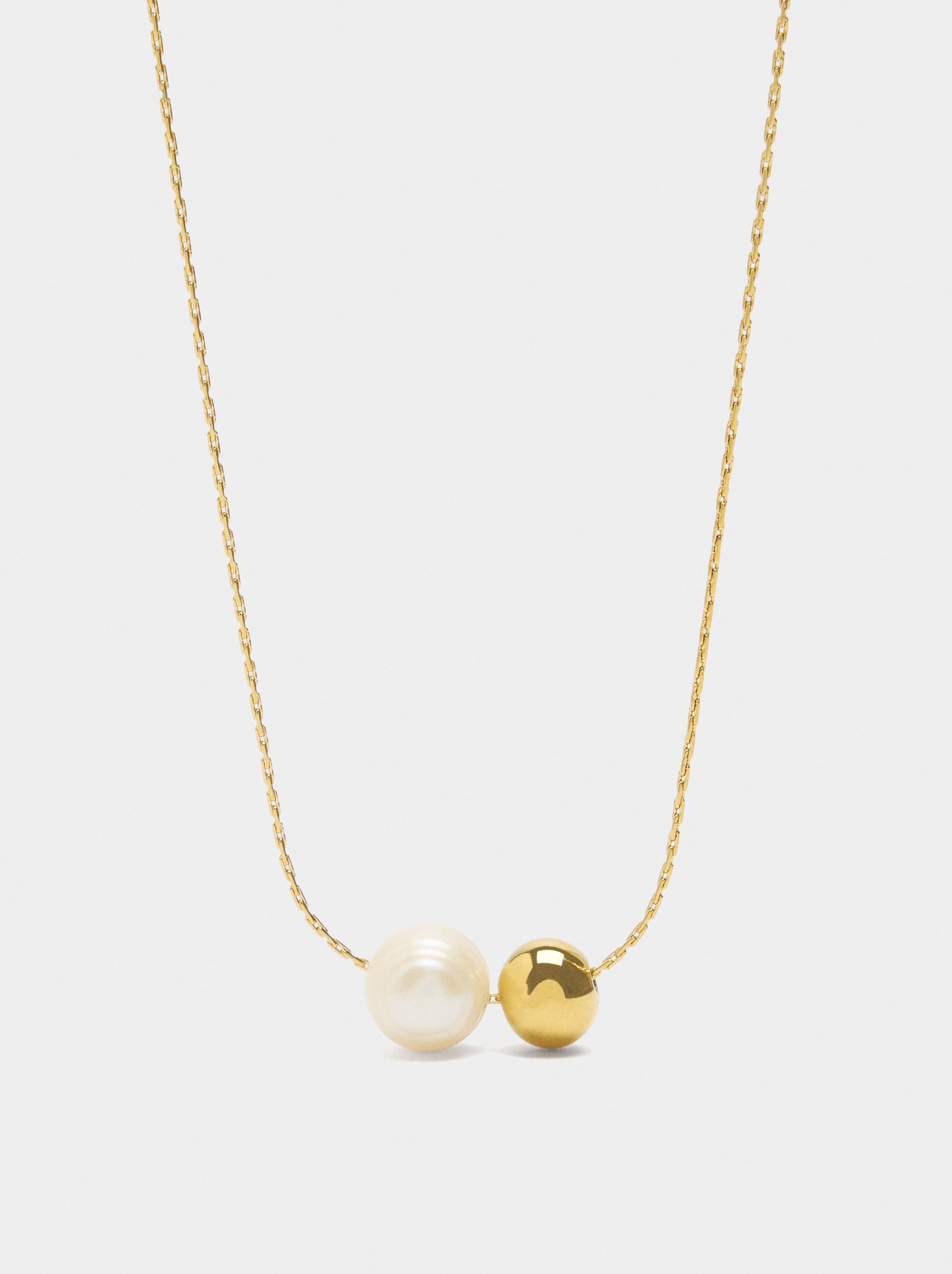 Collar Con Perla Y Cuenta De Acero Inoxidable