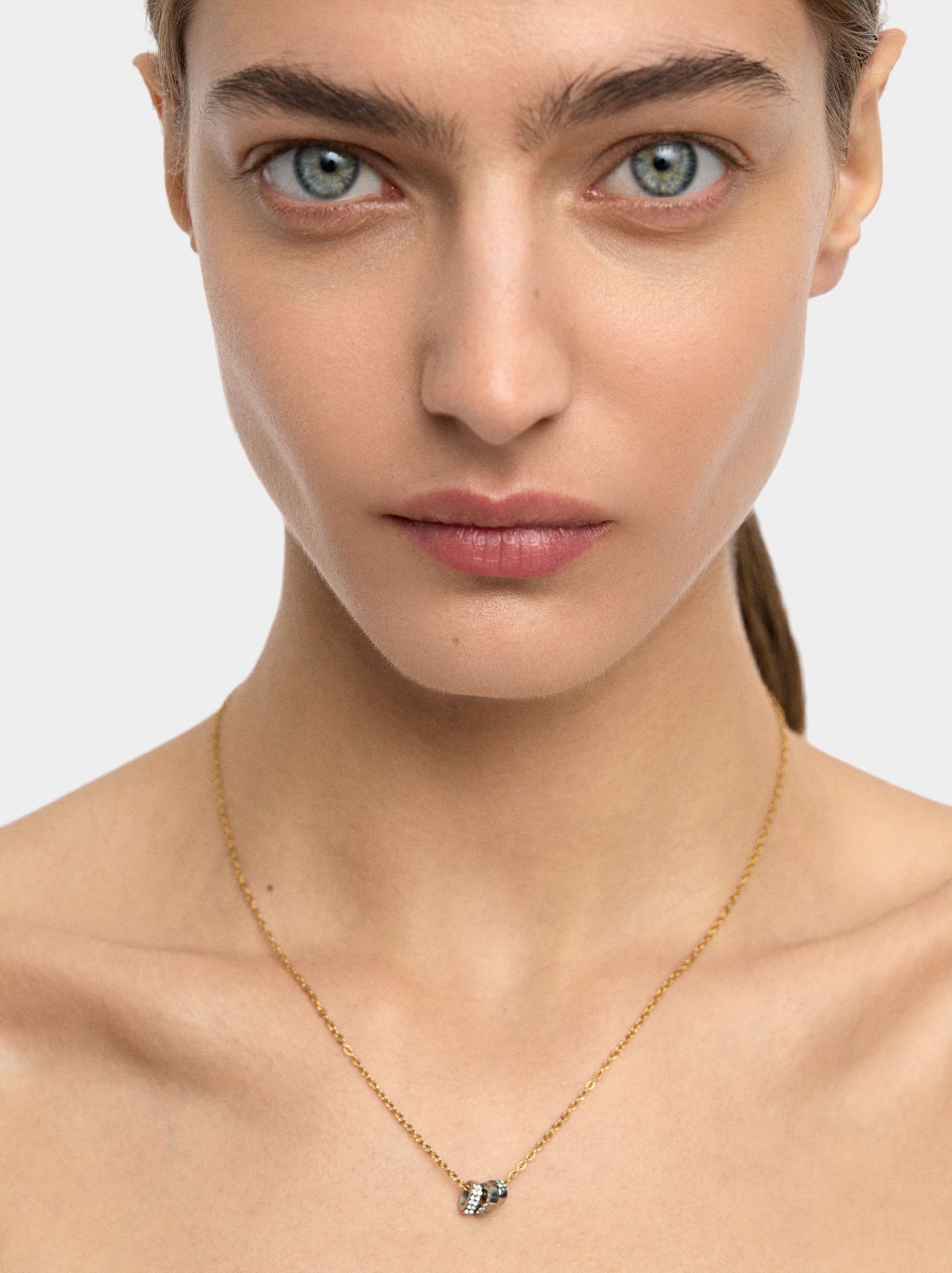 Collar Corto Bicolor Con Cristales - Acero Inoxidable