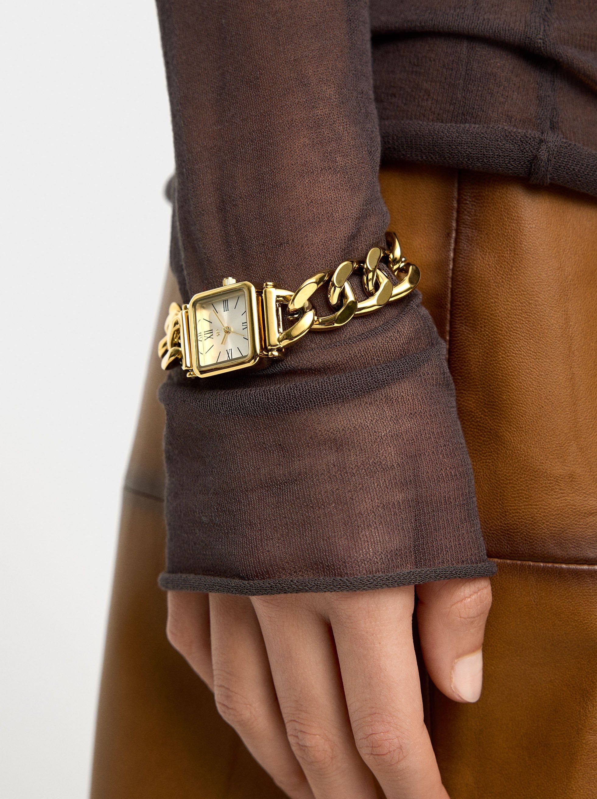 Reloj Mostrador Cuadrado Pulsera De Eslabones