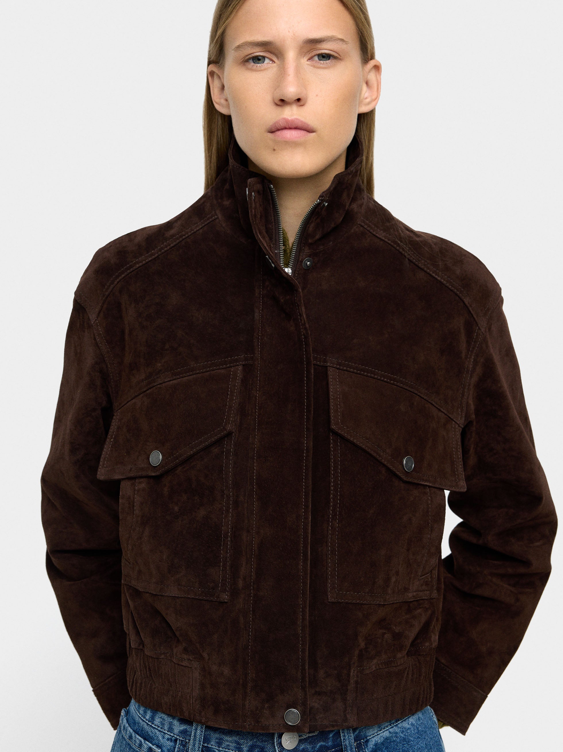 Chaqueta De Piel Con Cuello Alto