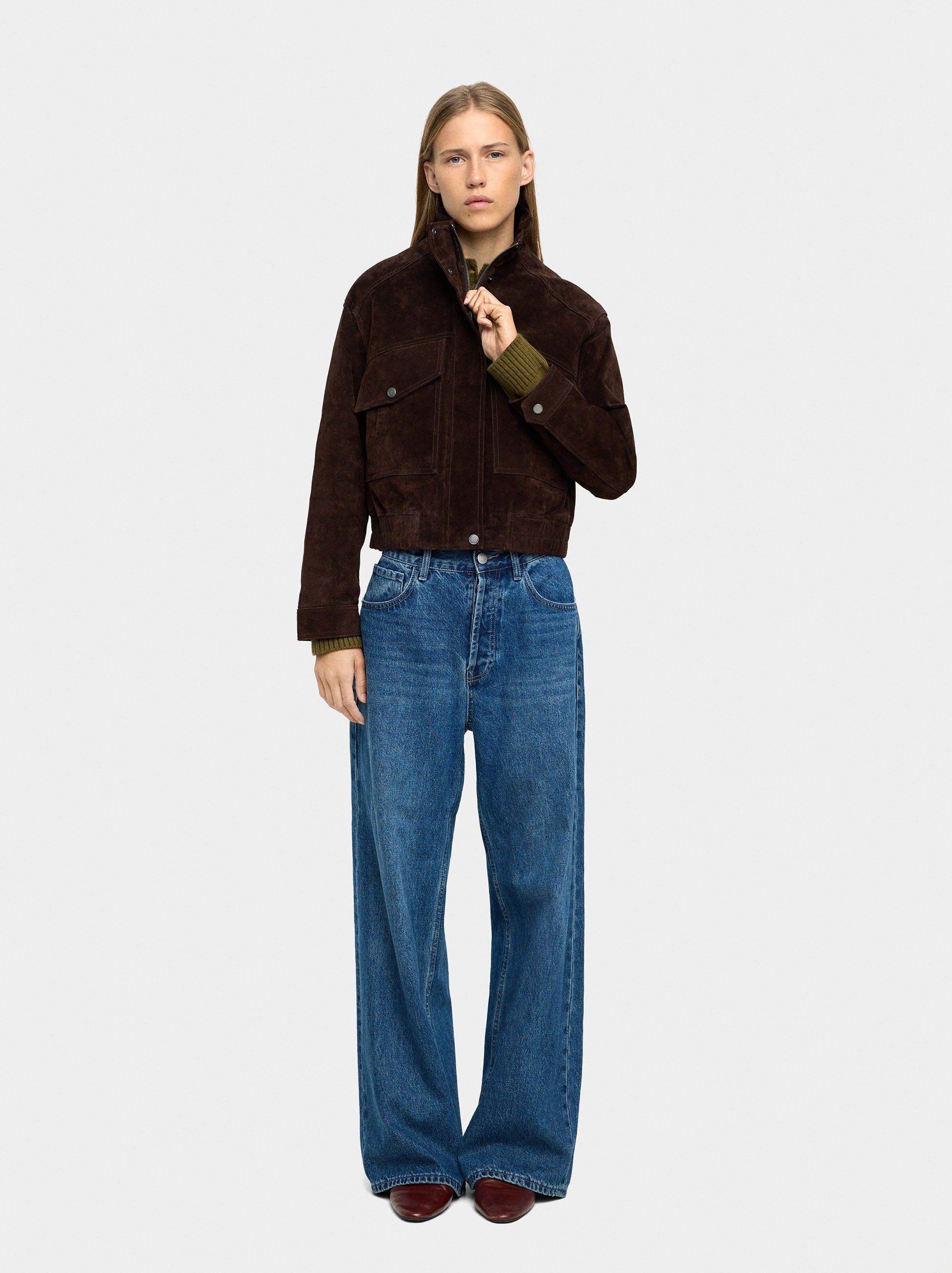 Chaqueta De Piel Con Cuello Alto