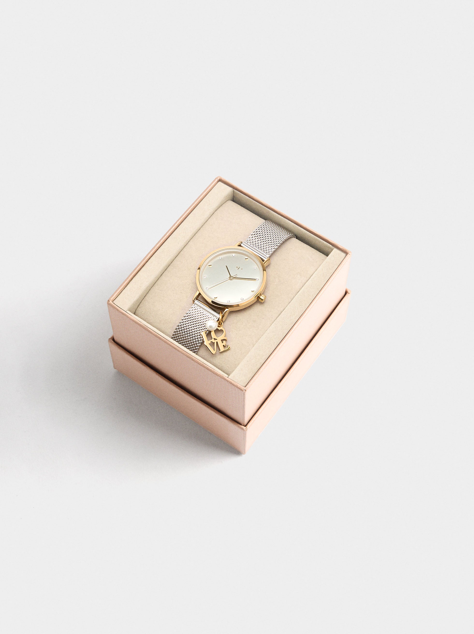Reloj Bicolor De Punto Metálico Con Charm