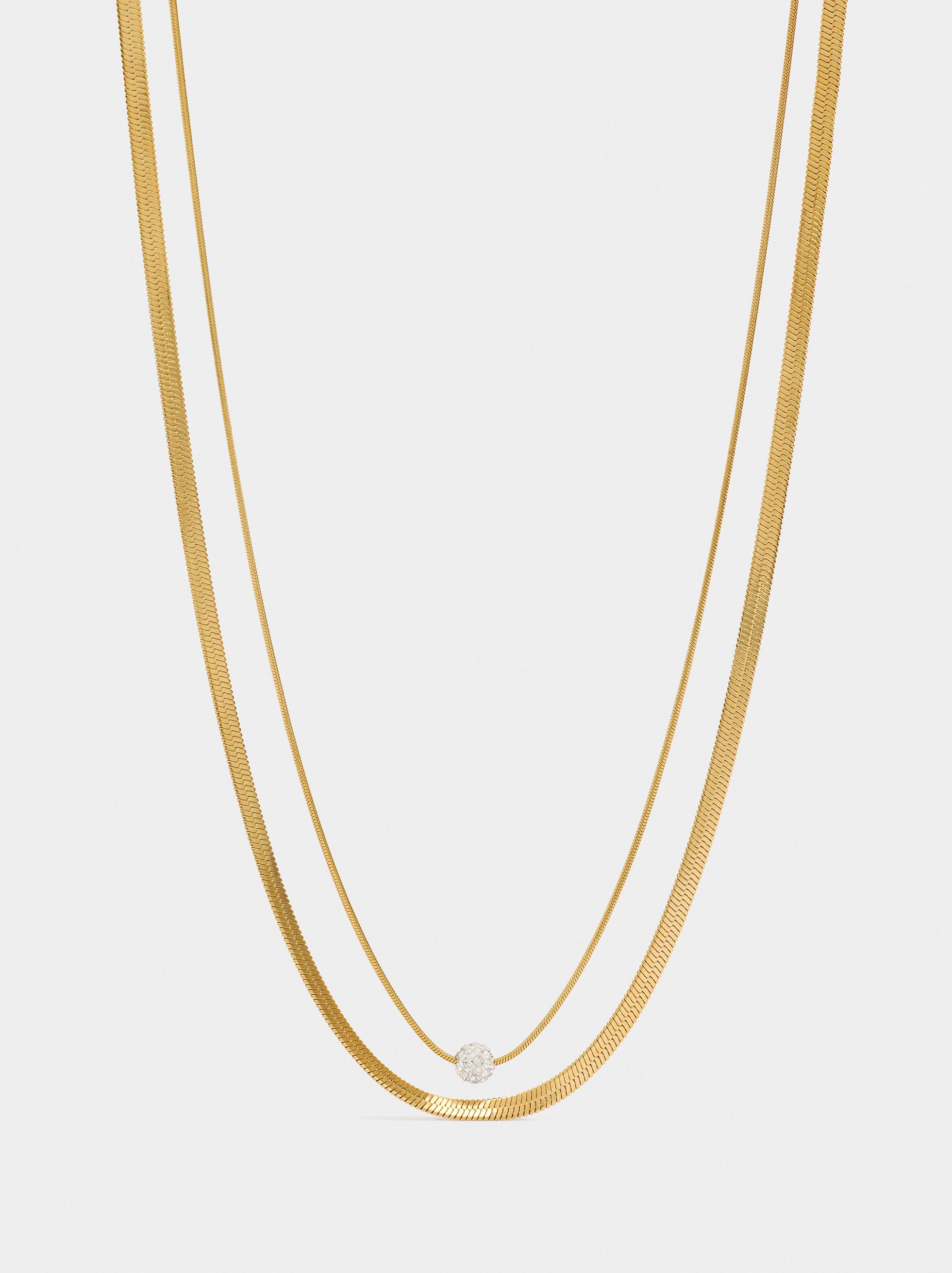 Collar Doble Con Cadena De Serpiente Con Cristal - Acero Inoxidable