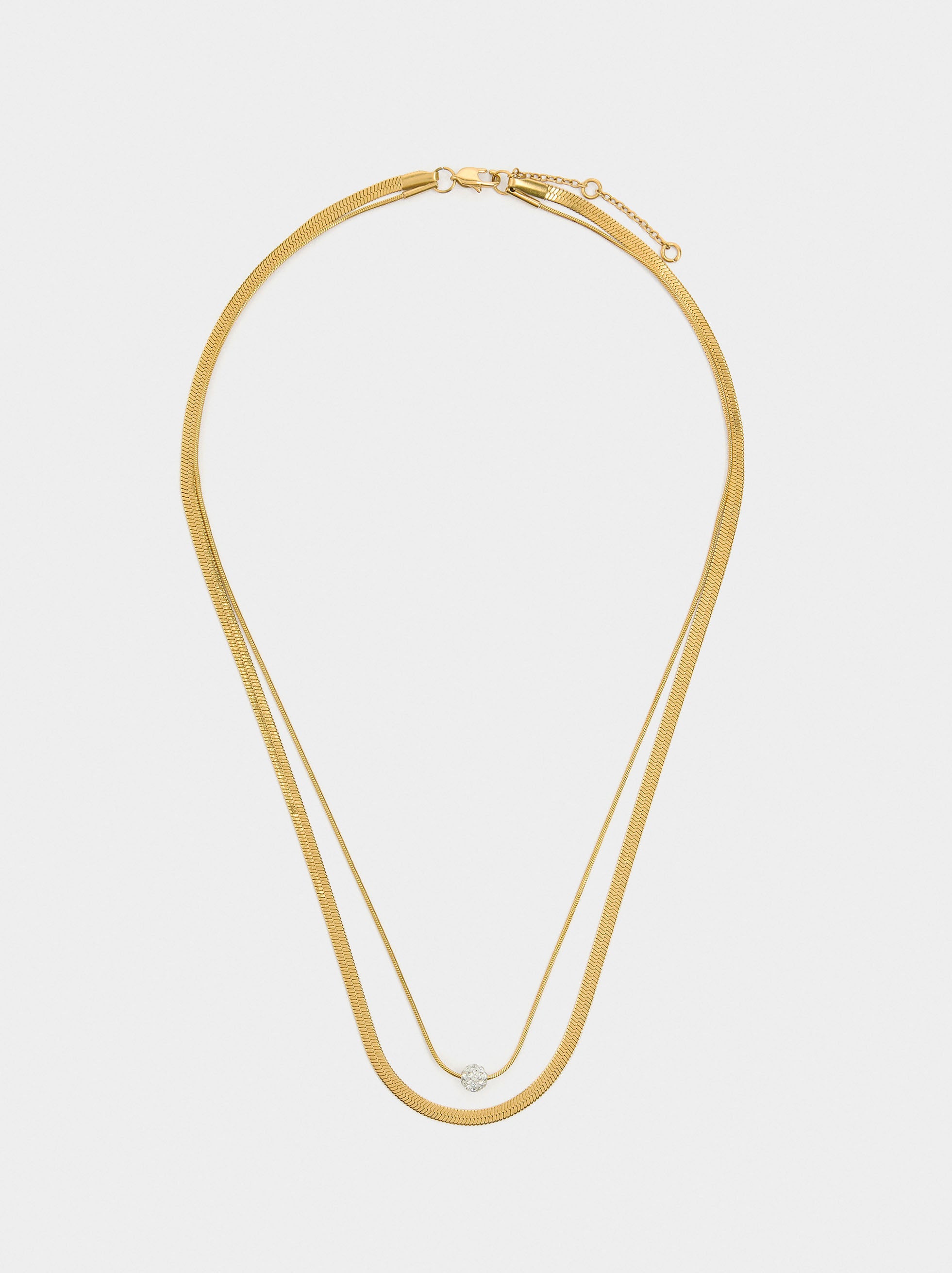 Collar Doble Con Cadena De Serpiente Con Cristal - Acero Inoxidable