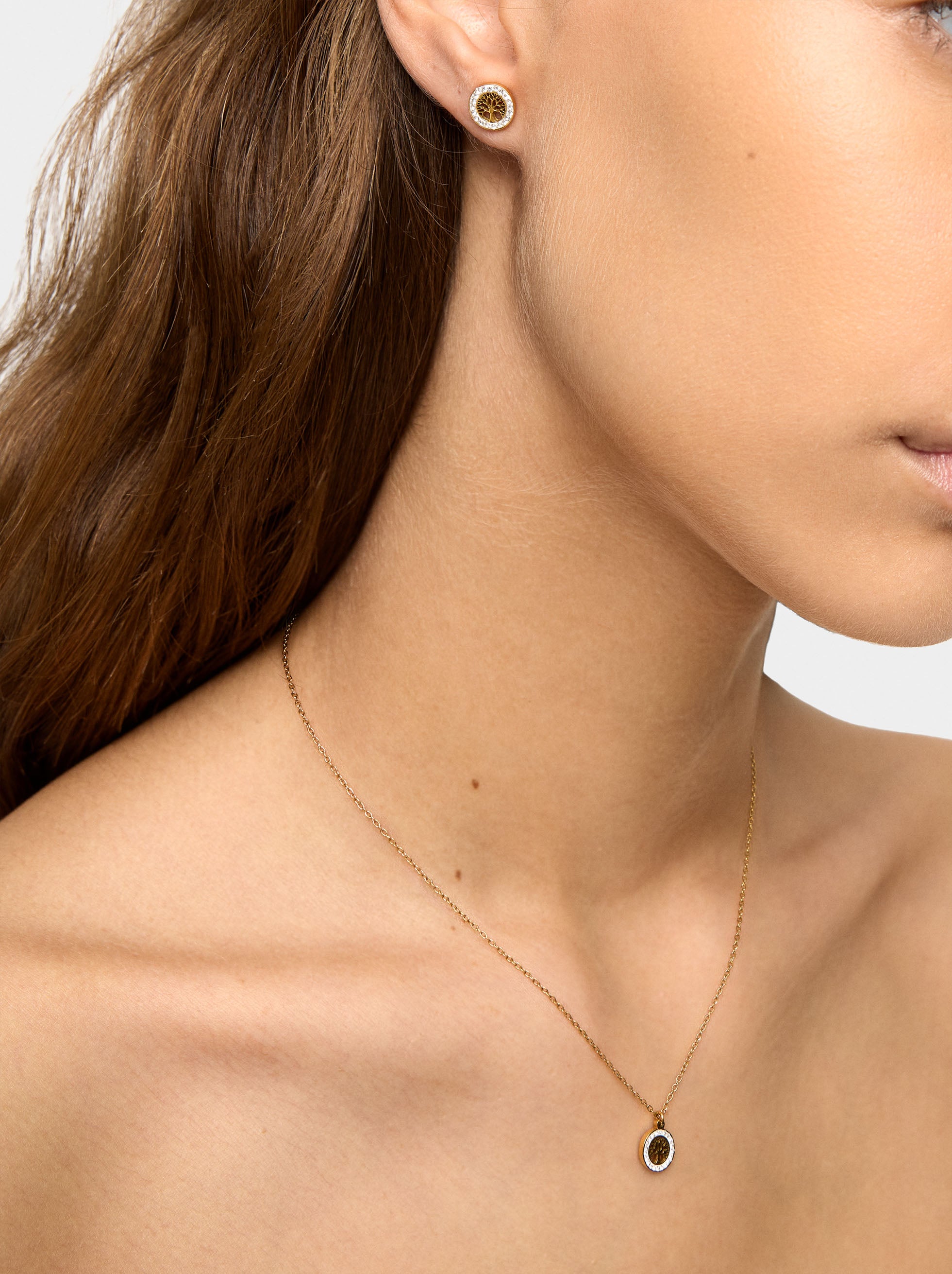 Set Collar Y Pendientes Árbol De La Vida Con Cristales - Acero Inoxidable