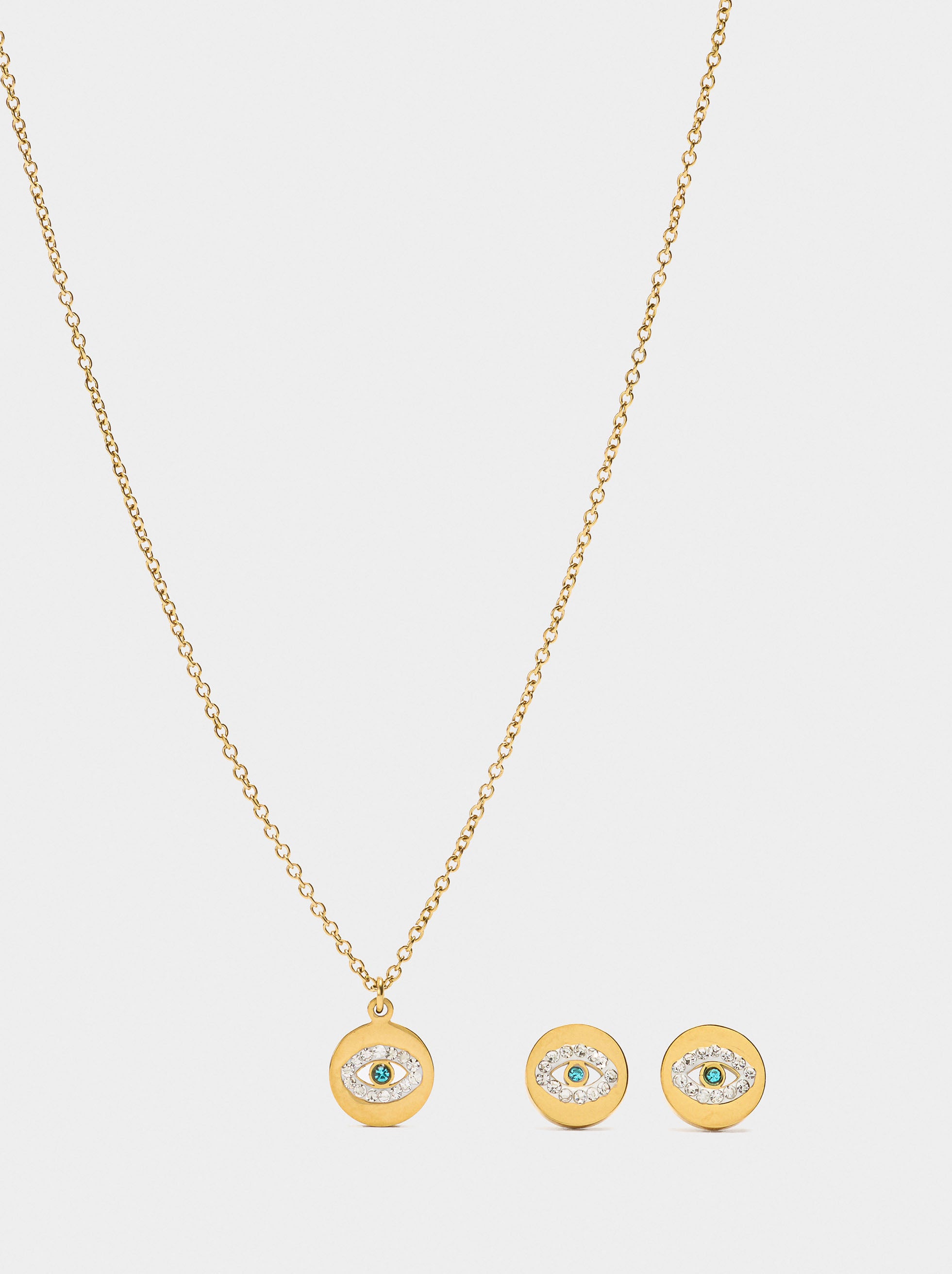 Set Collar Y Pendientes Ojos Con Cristales - Acero Inoxidable