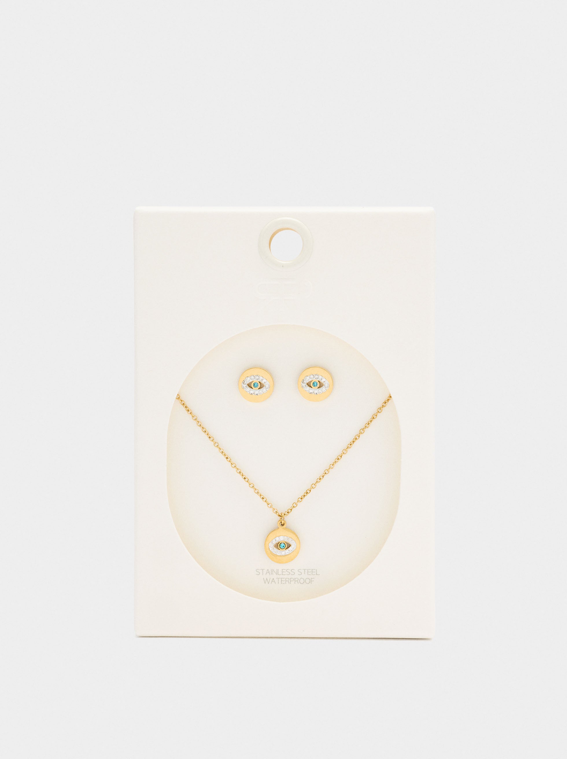 Set Collar Y Pendientes Ojos Con Cristales - Acero Inoxidable