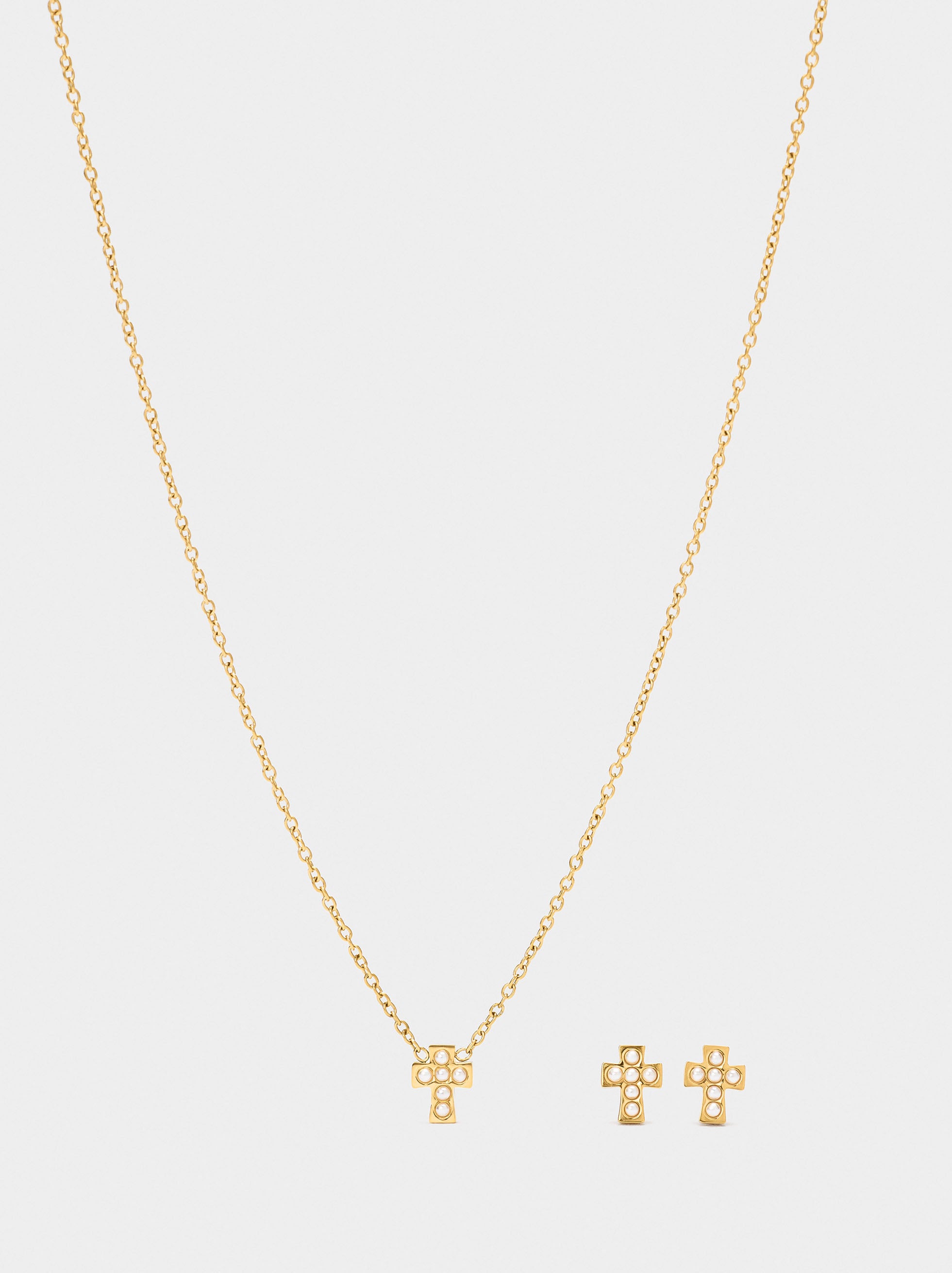 Set Collar Y Pendientes Cruz Con Perlas - Acero Inoxidable
