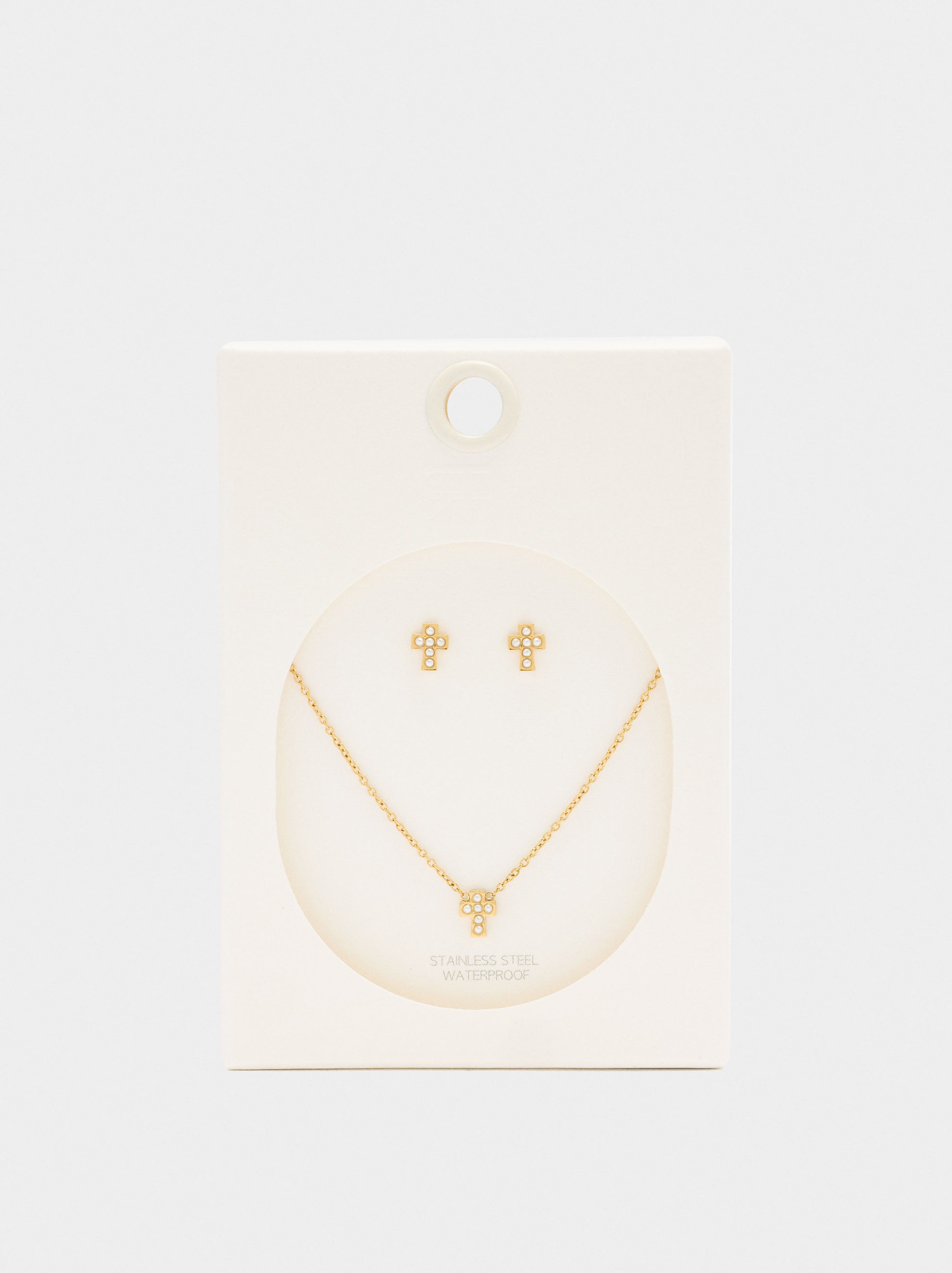 Set Collar Y Pendientes Cruz Con Perlas - Acero Inoxidable