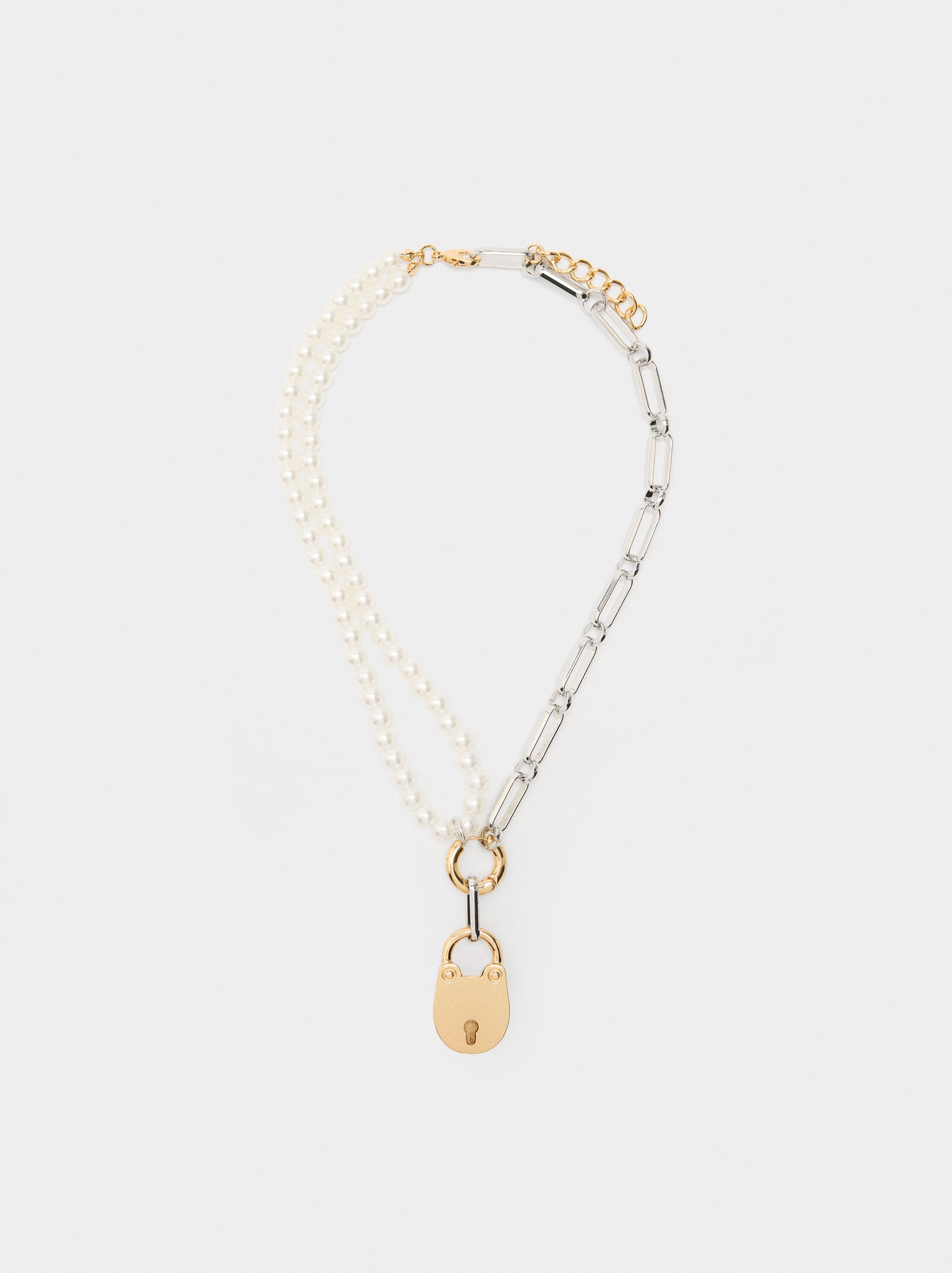 Collar De Eslabones Con Colgante De Perlas Y Candado