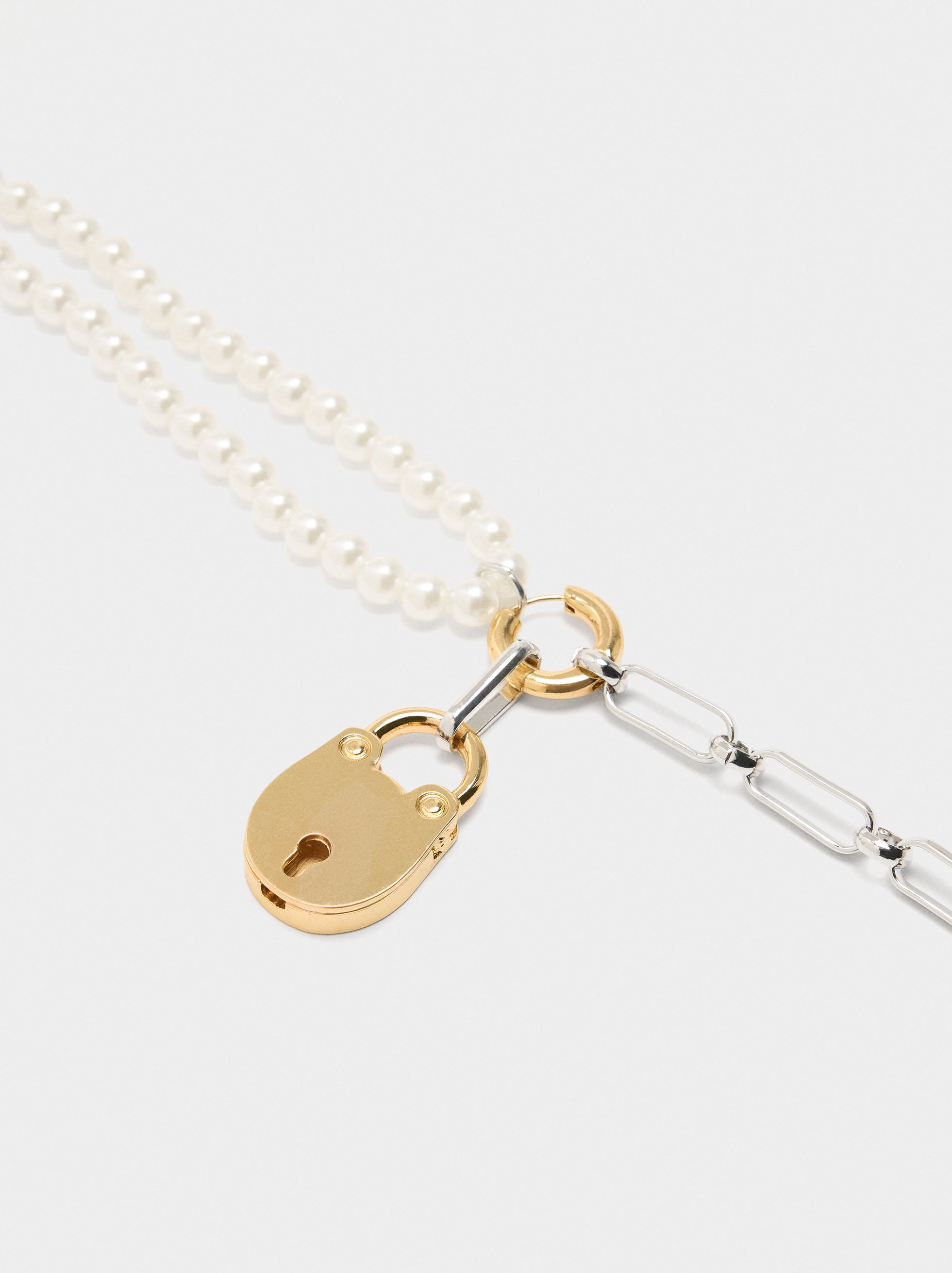 Collar De Eslabones Con Colgante De Perlas Y Candado