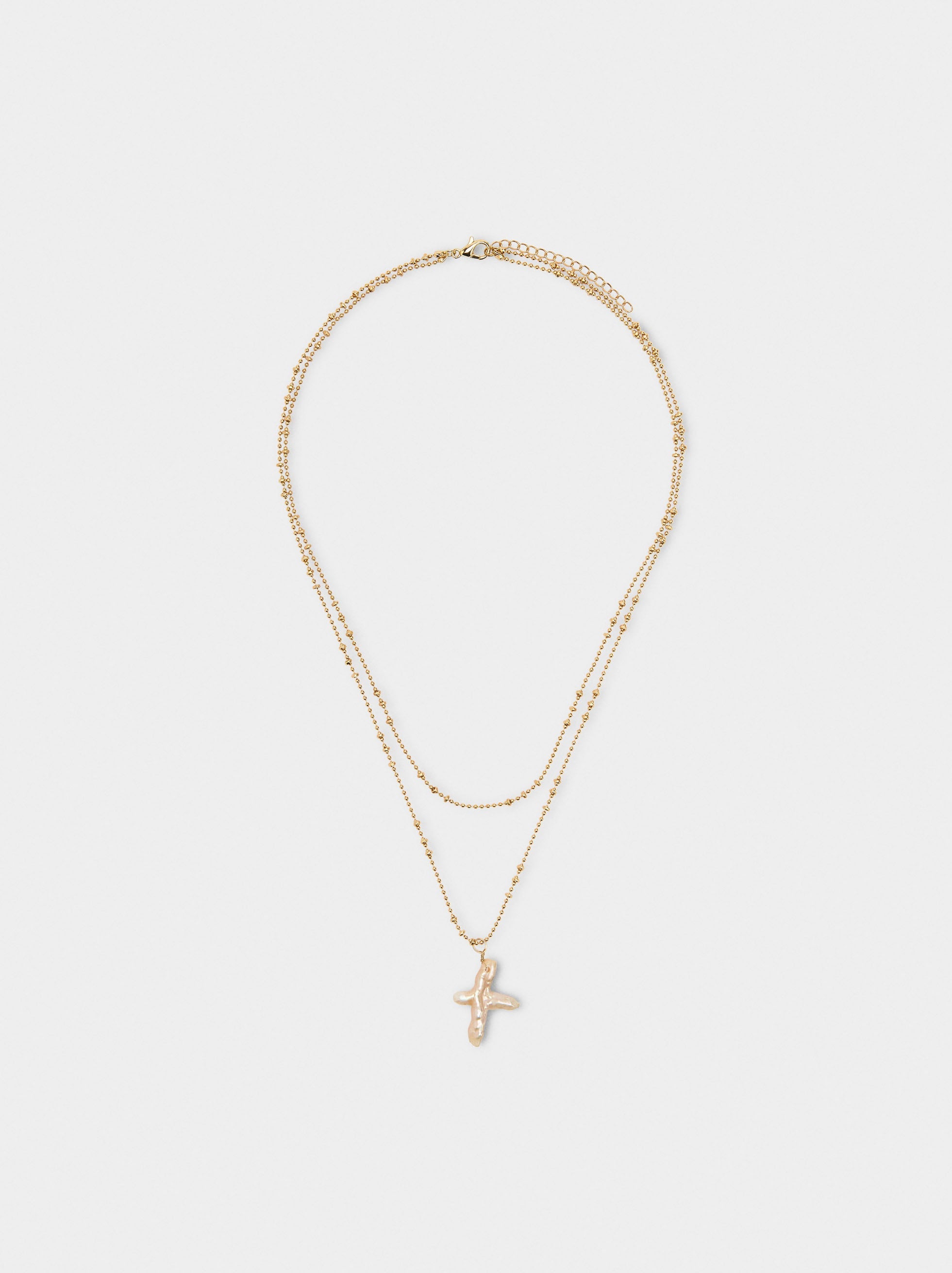 Collar Doble Con Cruz Perla De Agua Dulce