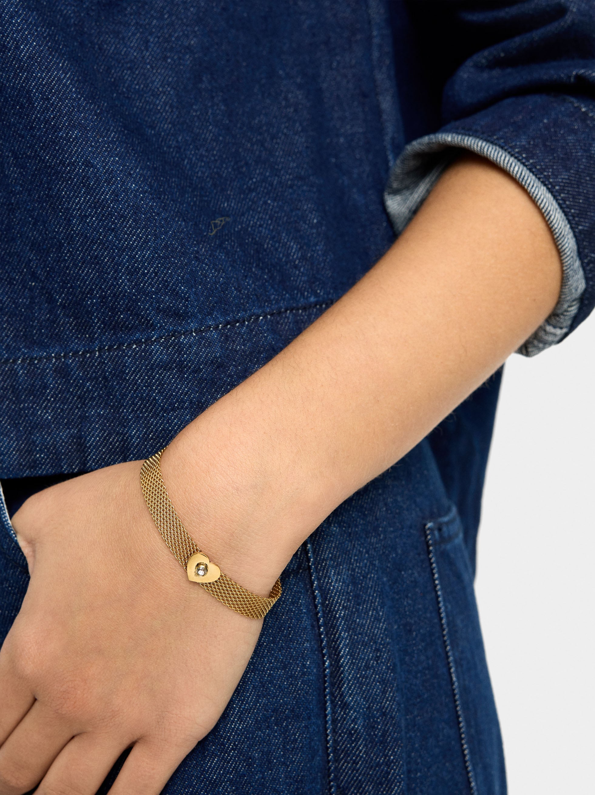 Pulsera Malla Metálica Con Corazón - Acero Inoxidable