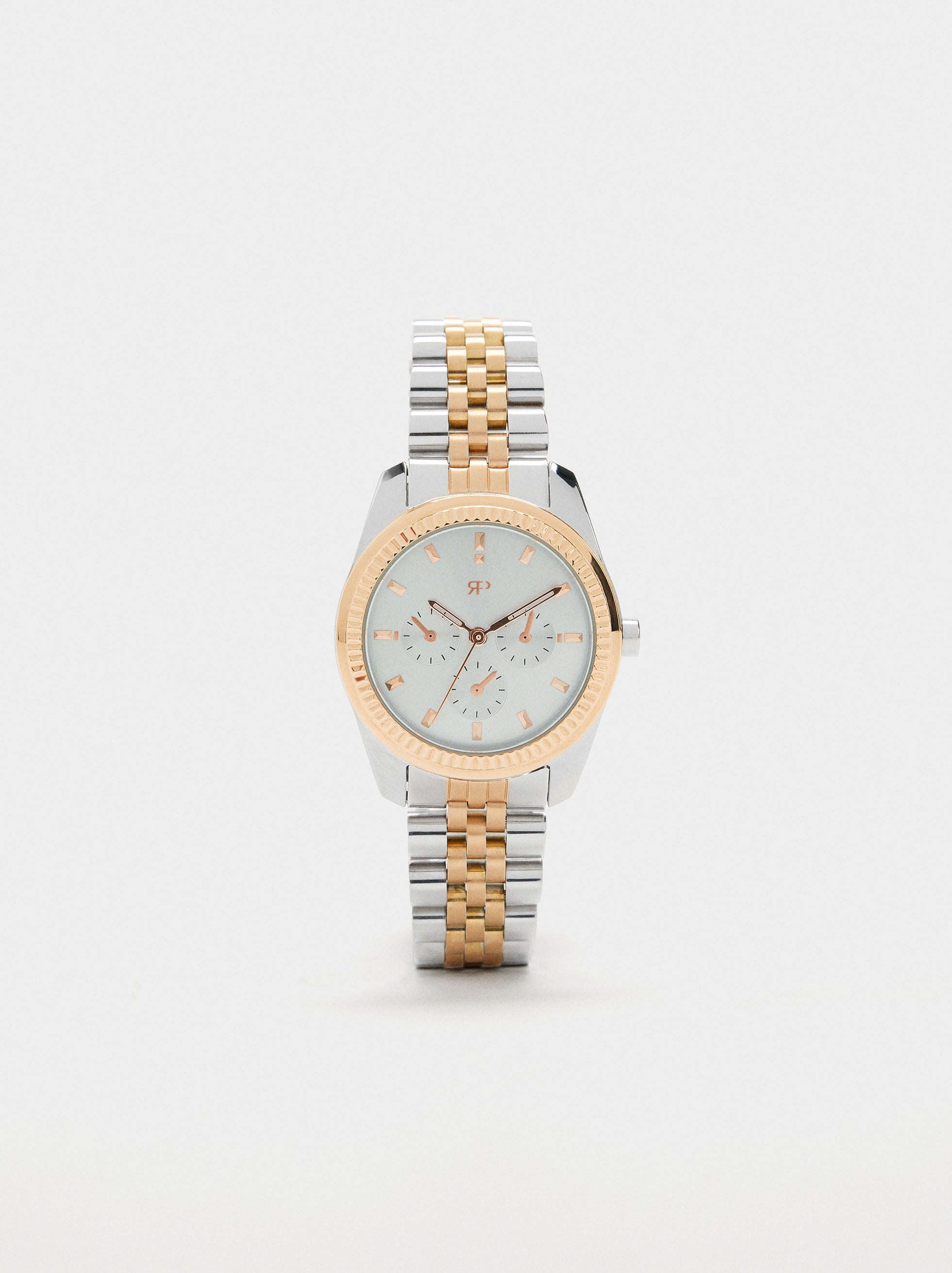 Reloj Redondo Bicolor Con Pulsera De Acero