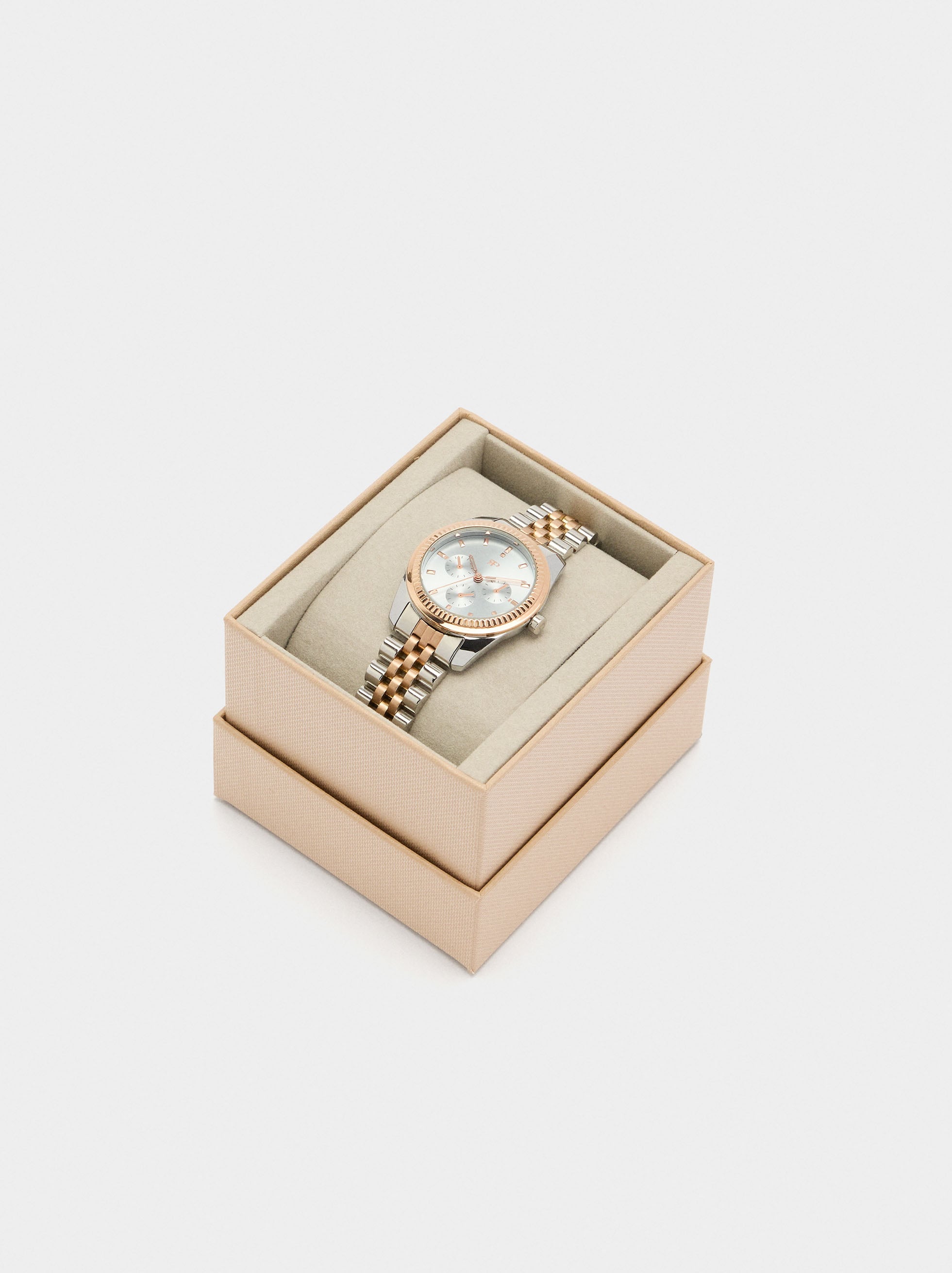 Reloj Redondo Bicolor Con Pulsera De Acero