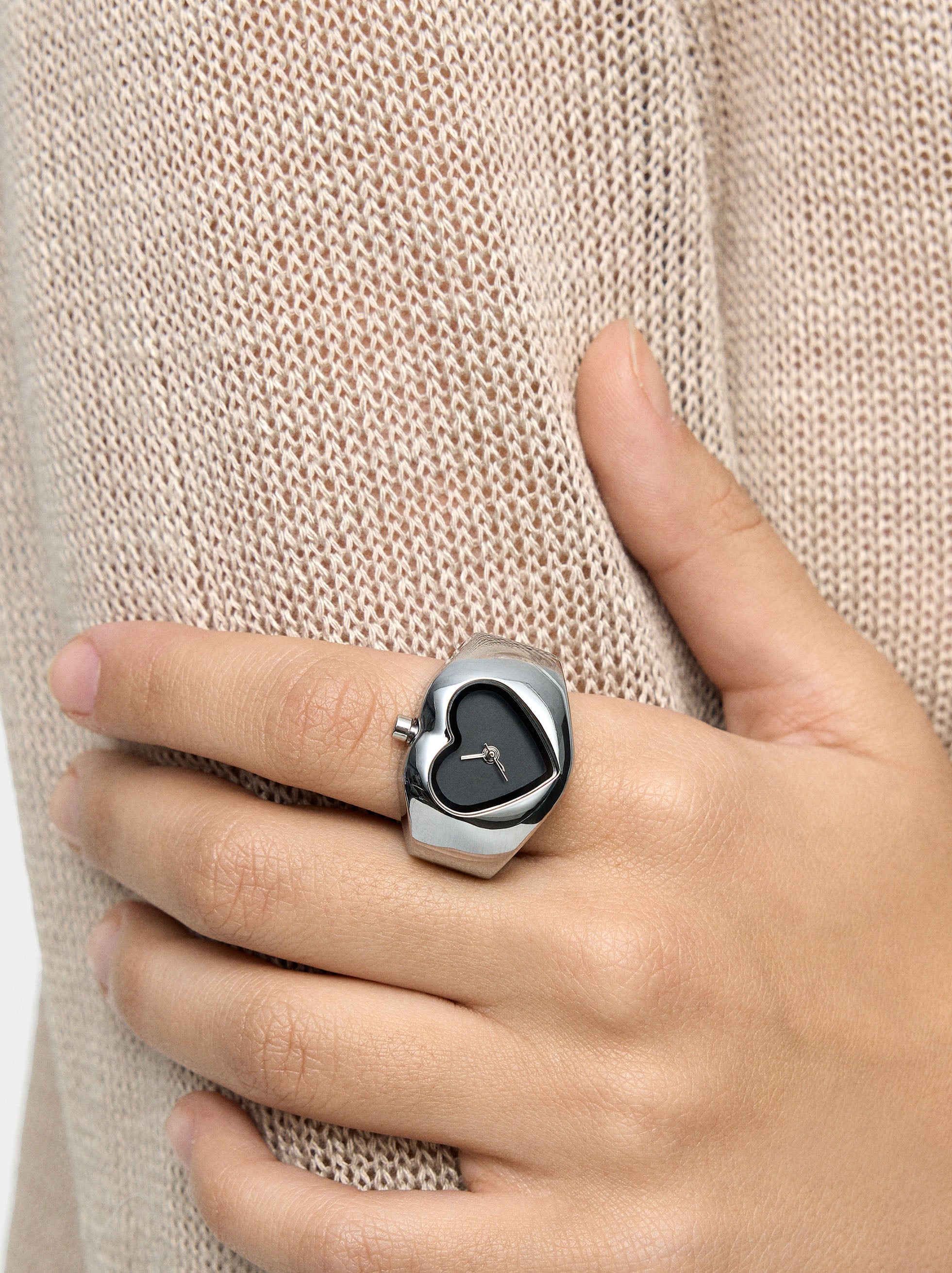 Anillo Reloj Corazón Plateado - Acero Inoxidable