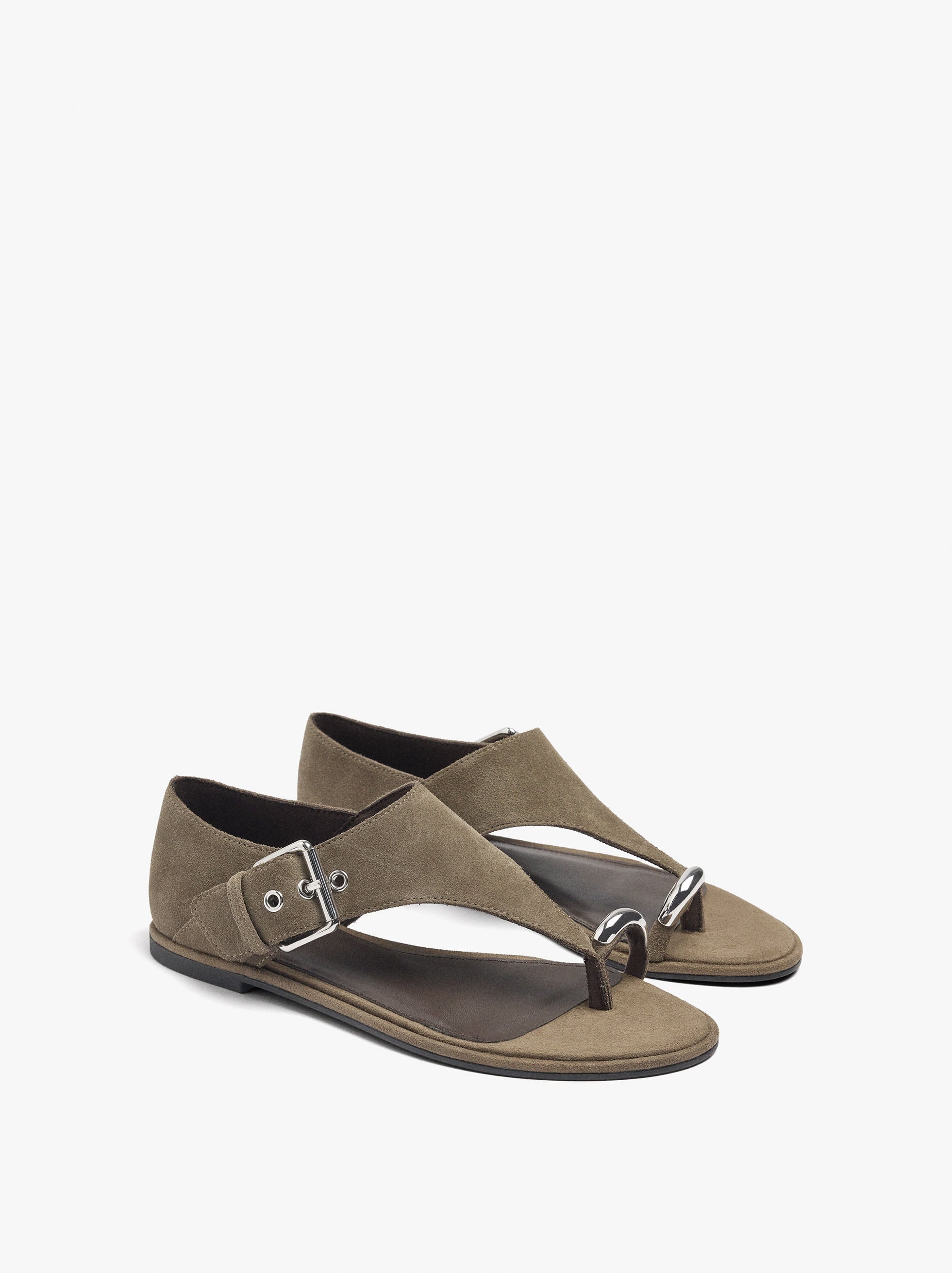 Sandalias Planas De Piel Con Detalle Metálico Y Hebilla