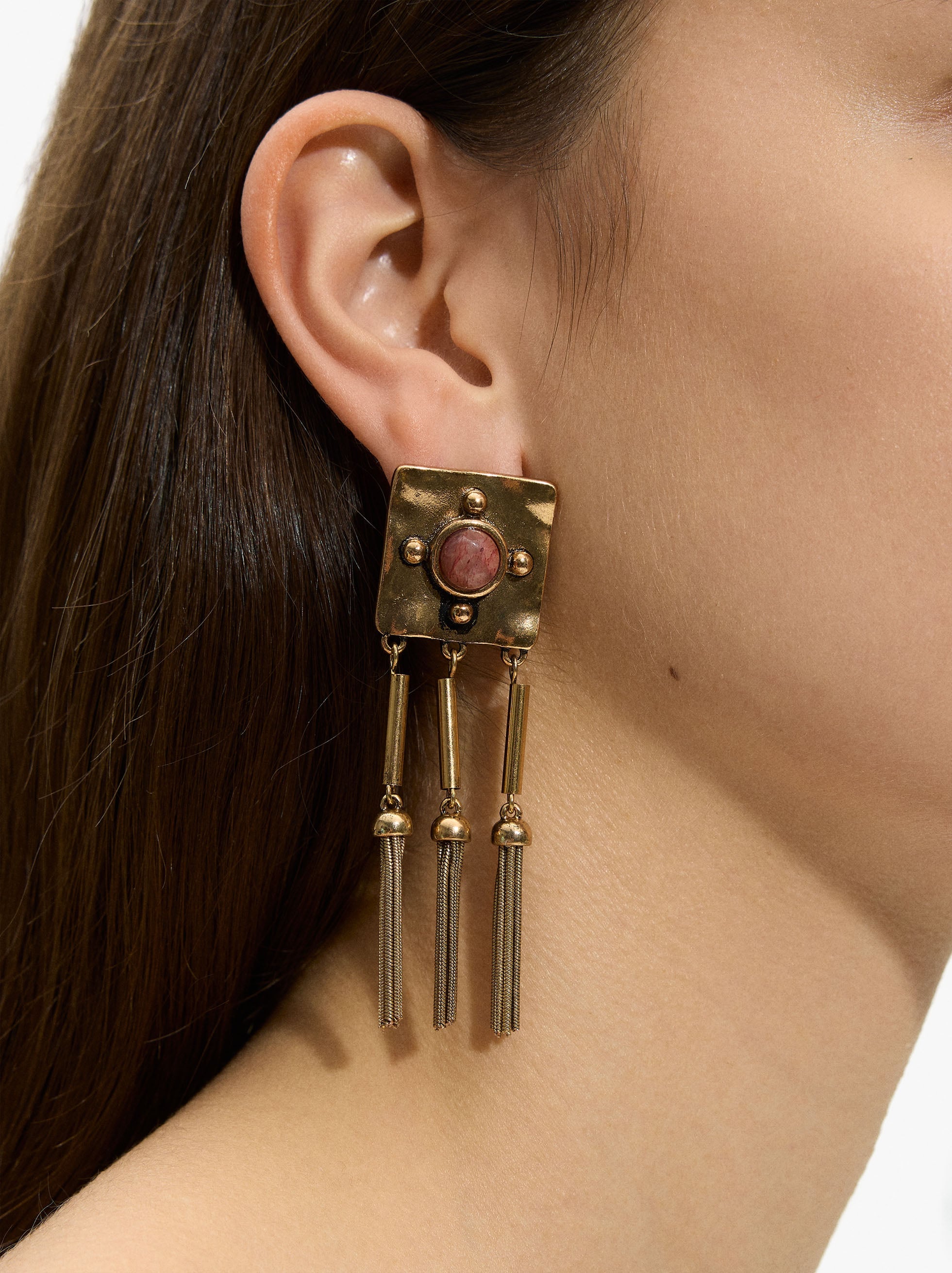 Pendientes Cuadros Con Piedras Y Flecos