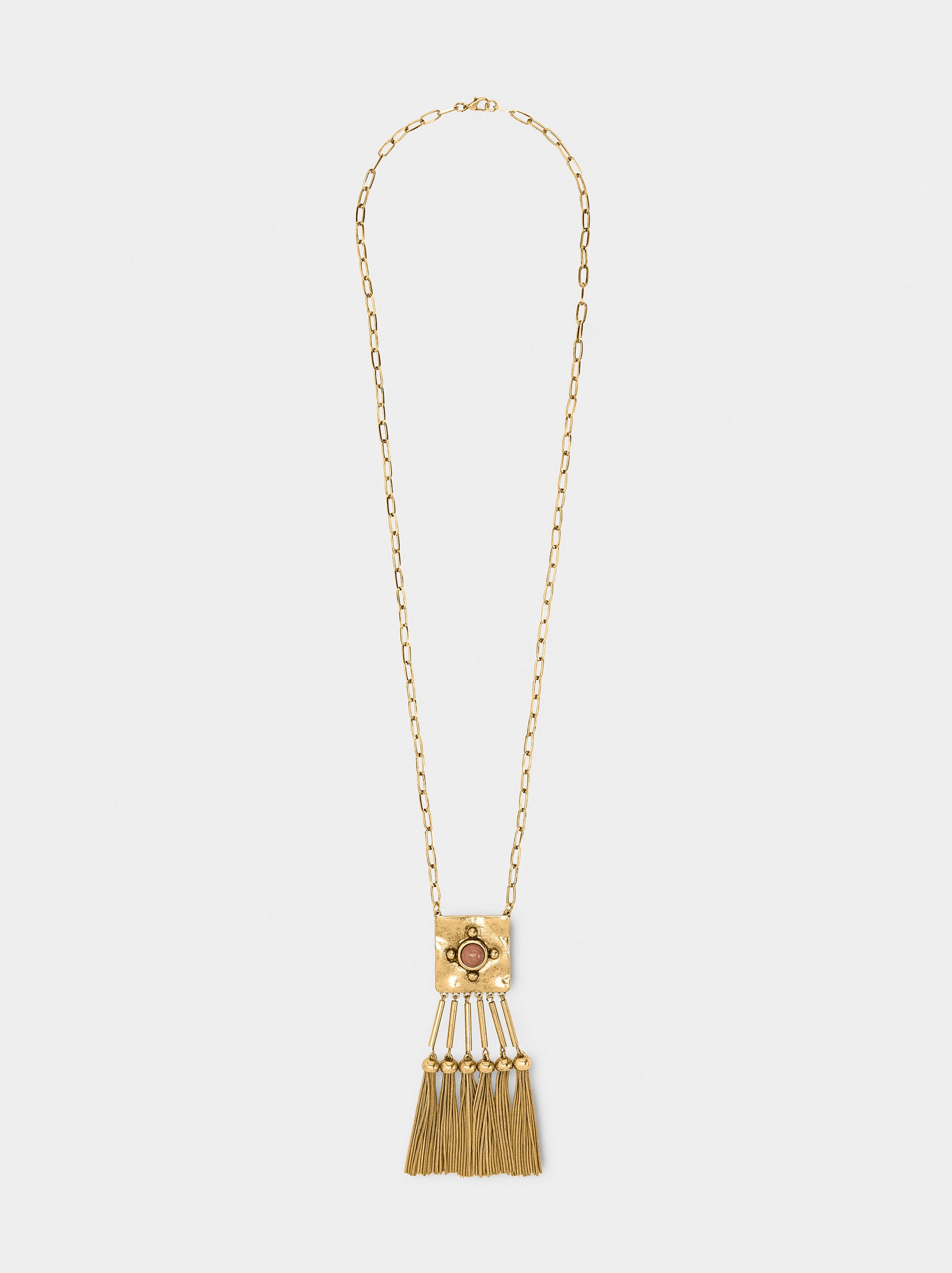 Collar Colgante Cuadrado Con Piedra Y Flecos