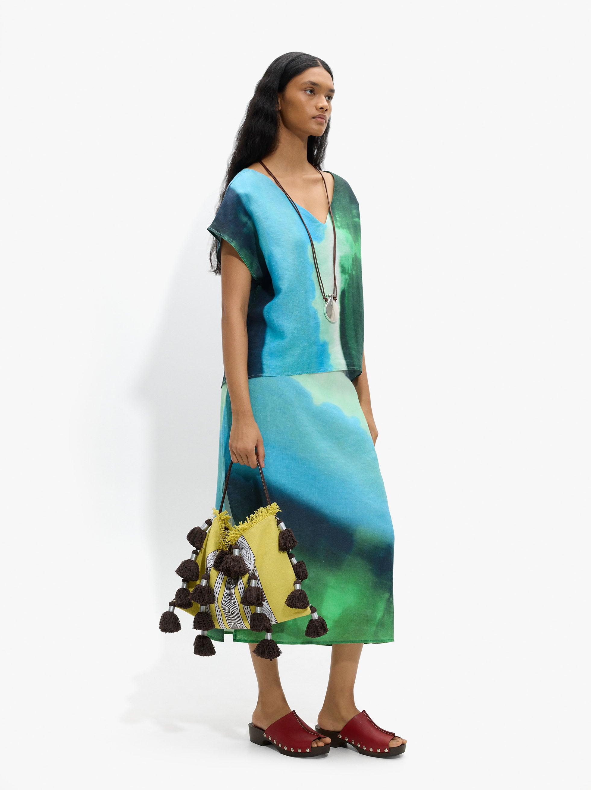 Falda Midi Estampada 100% Lino