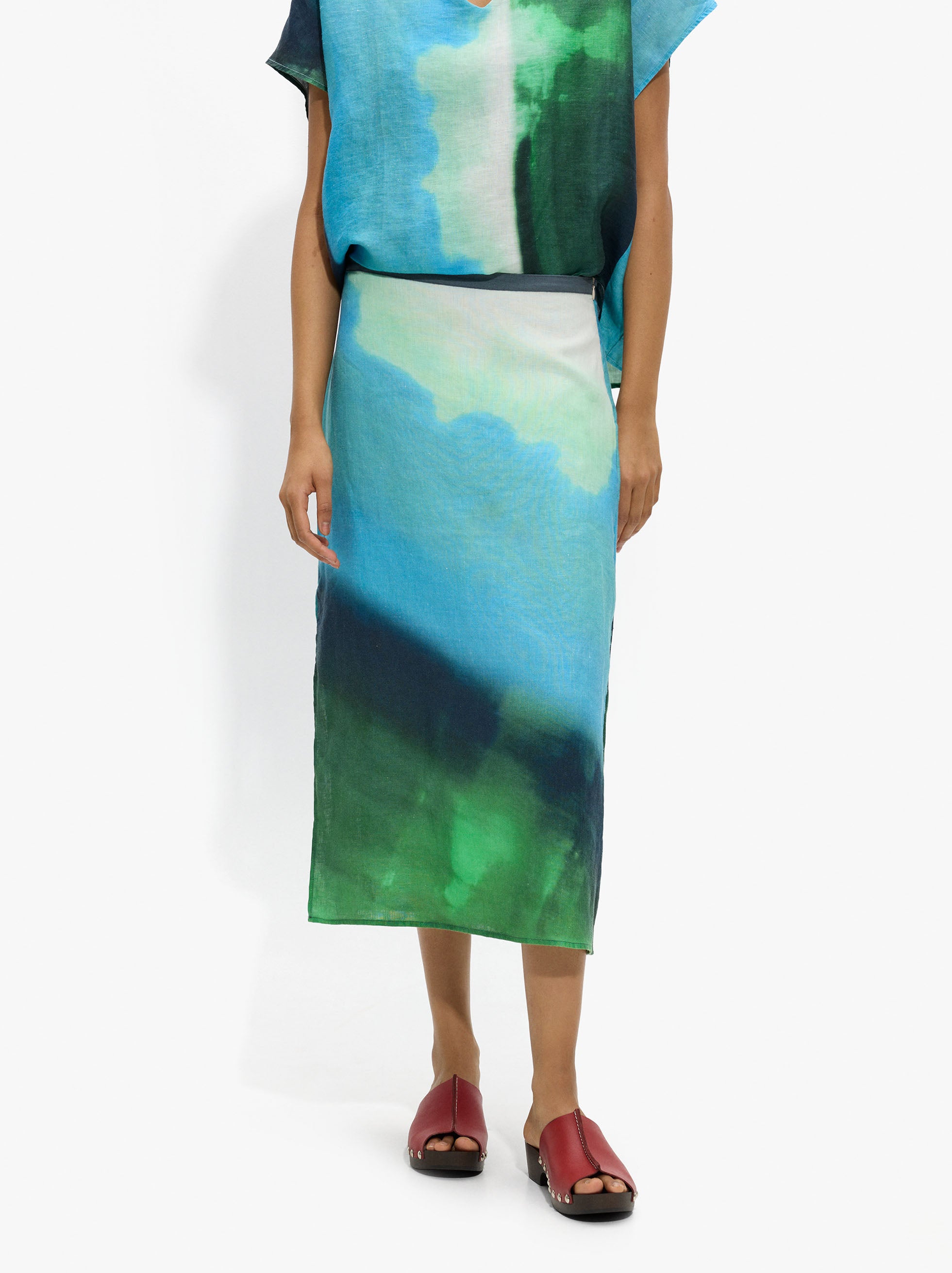 Falda Midi Estampada 100% Lino