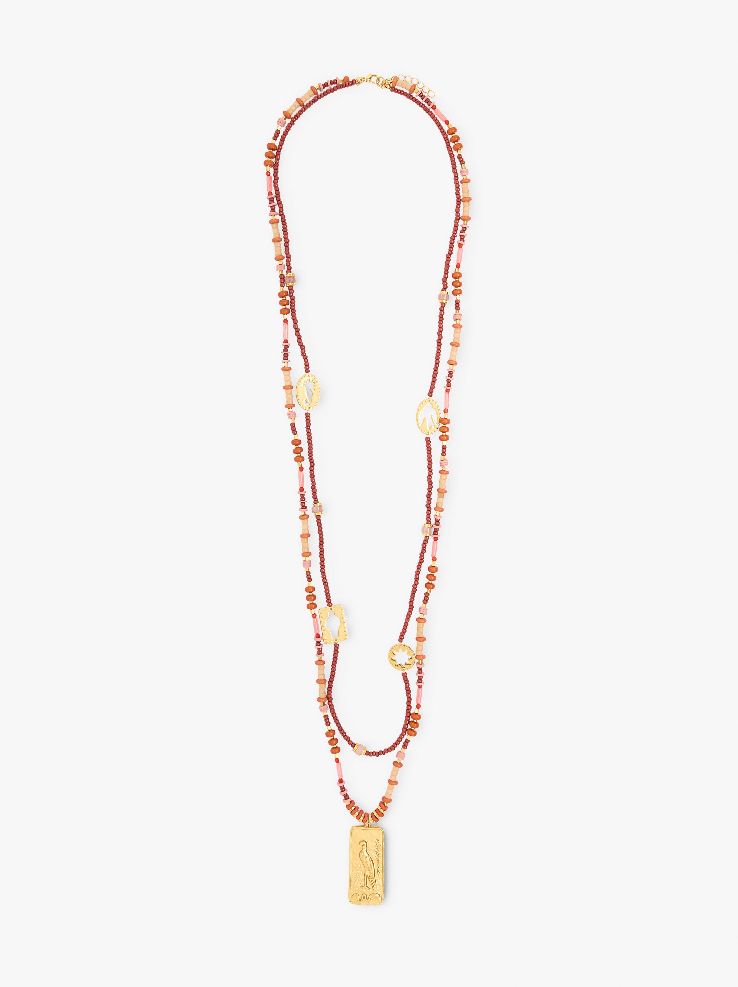 Collar Doble Con Cuentas De Piedra Y Colgante