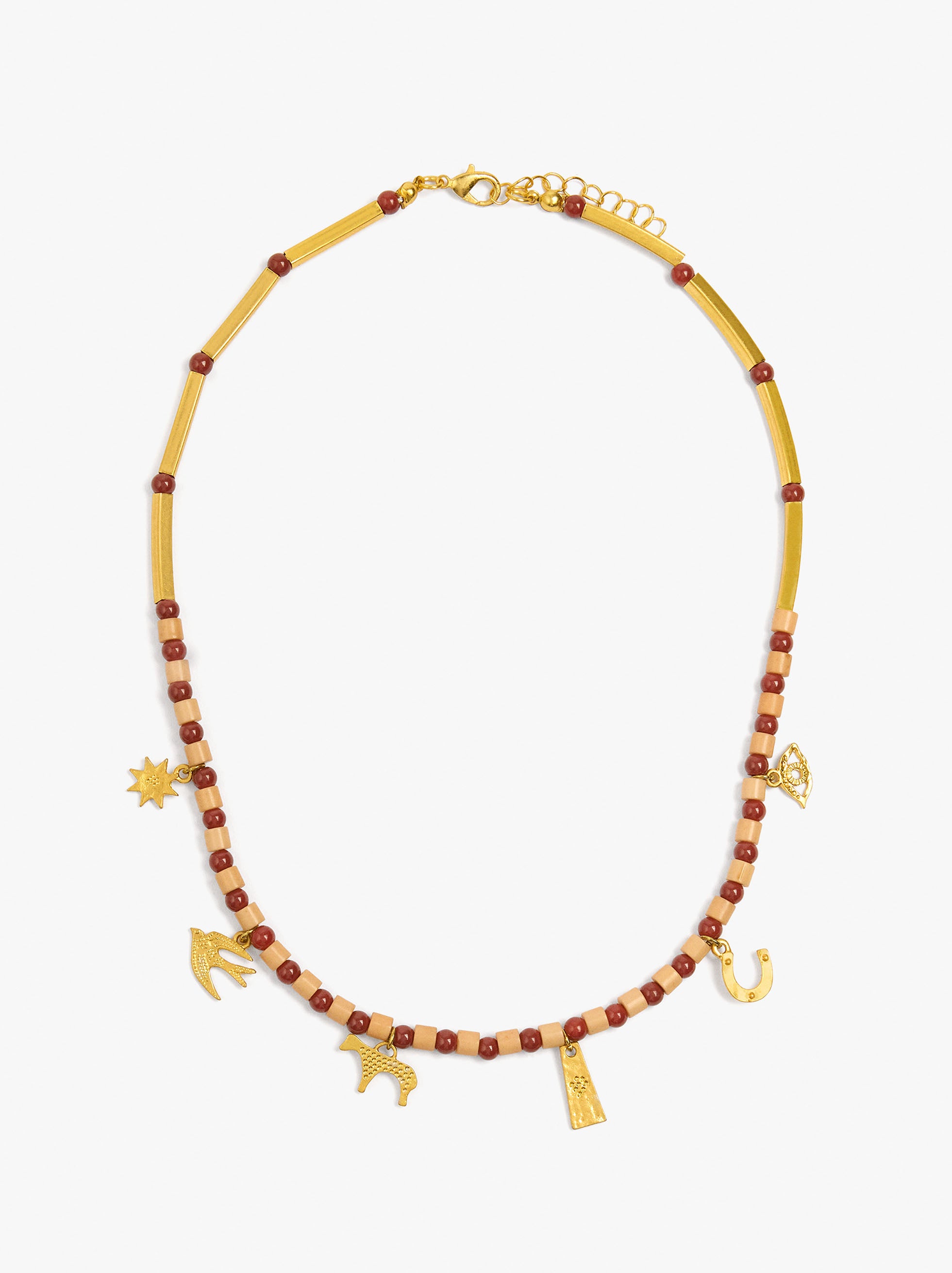 Collar Cuentas De Piedra Con Charms