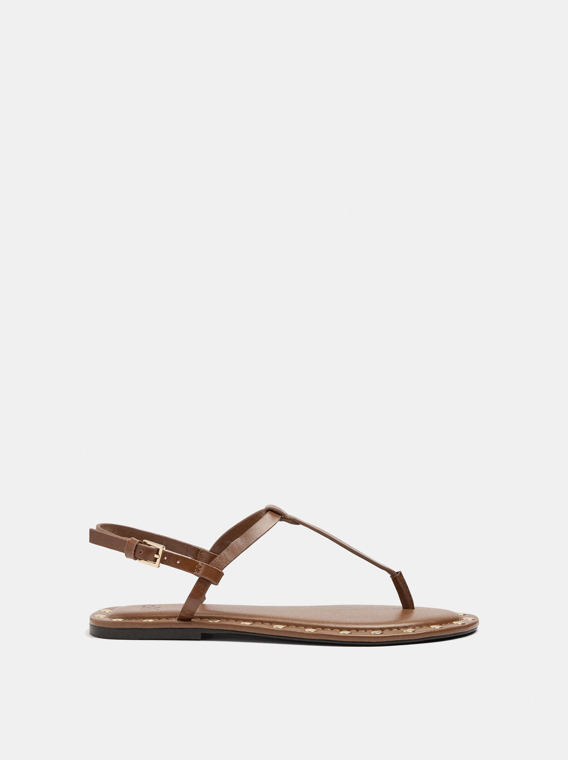 Sandalias Planas De Piel Borde Con Tachuelas