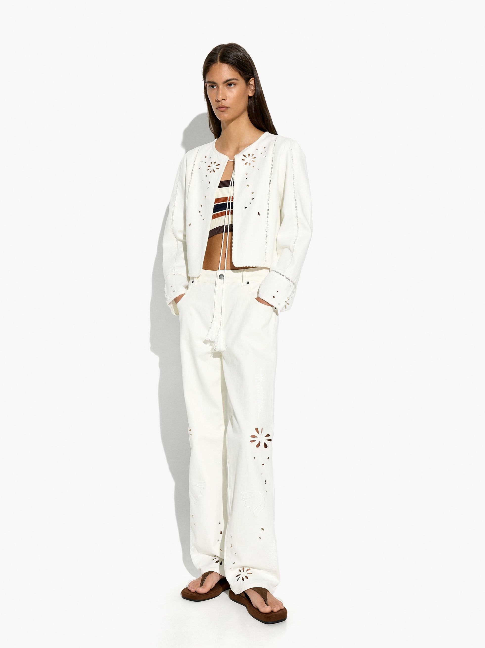 Pantalón Con Bordados Perforados 100% Algodón