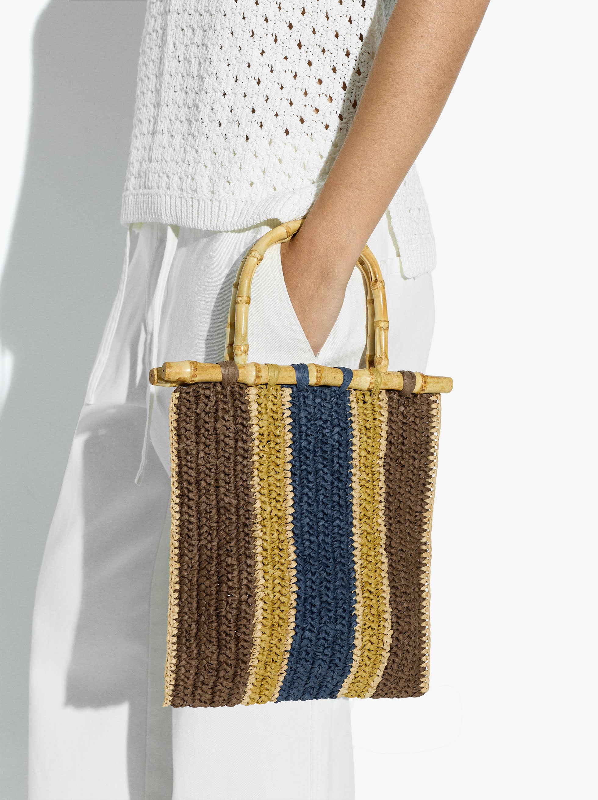 Bolso De Mano A Rayas Efecto Rafia Con Bambú