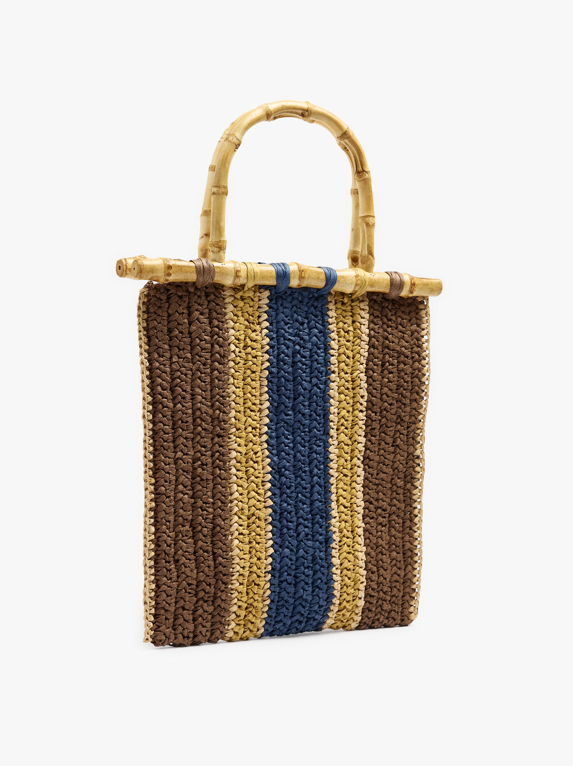 Bolso De Mano A Rayas Efecto Rafia Con Bambú