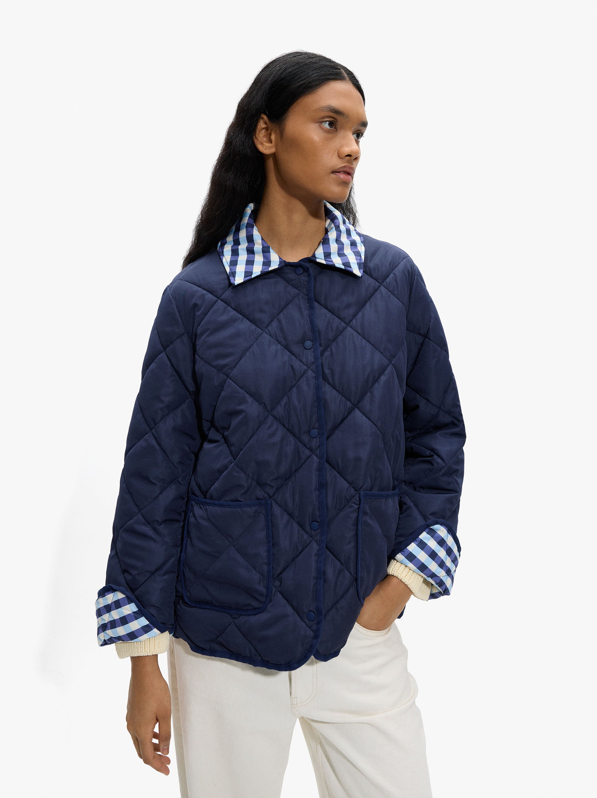 Abrigo Acolchado Cuello Y Puños De Cuadros