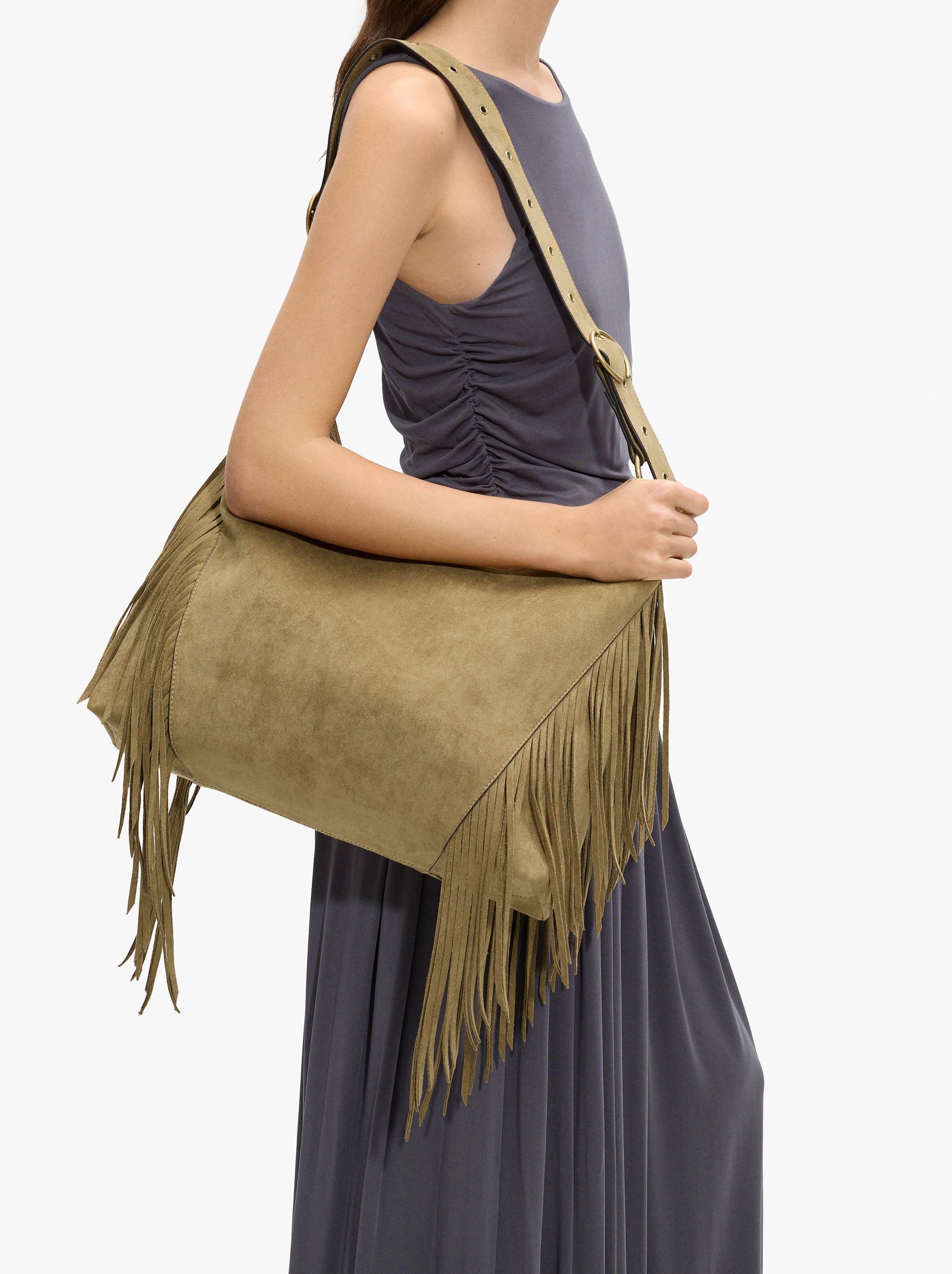 Bolso De Hombro Efecto Piel Con Flecos Largos